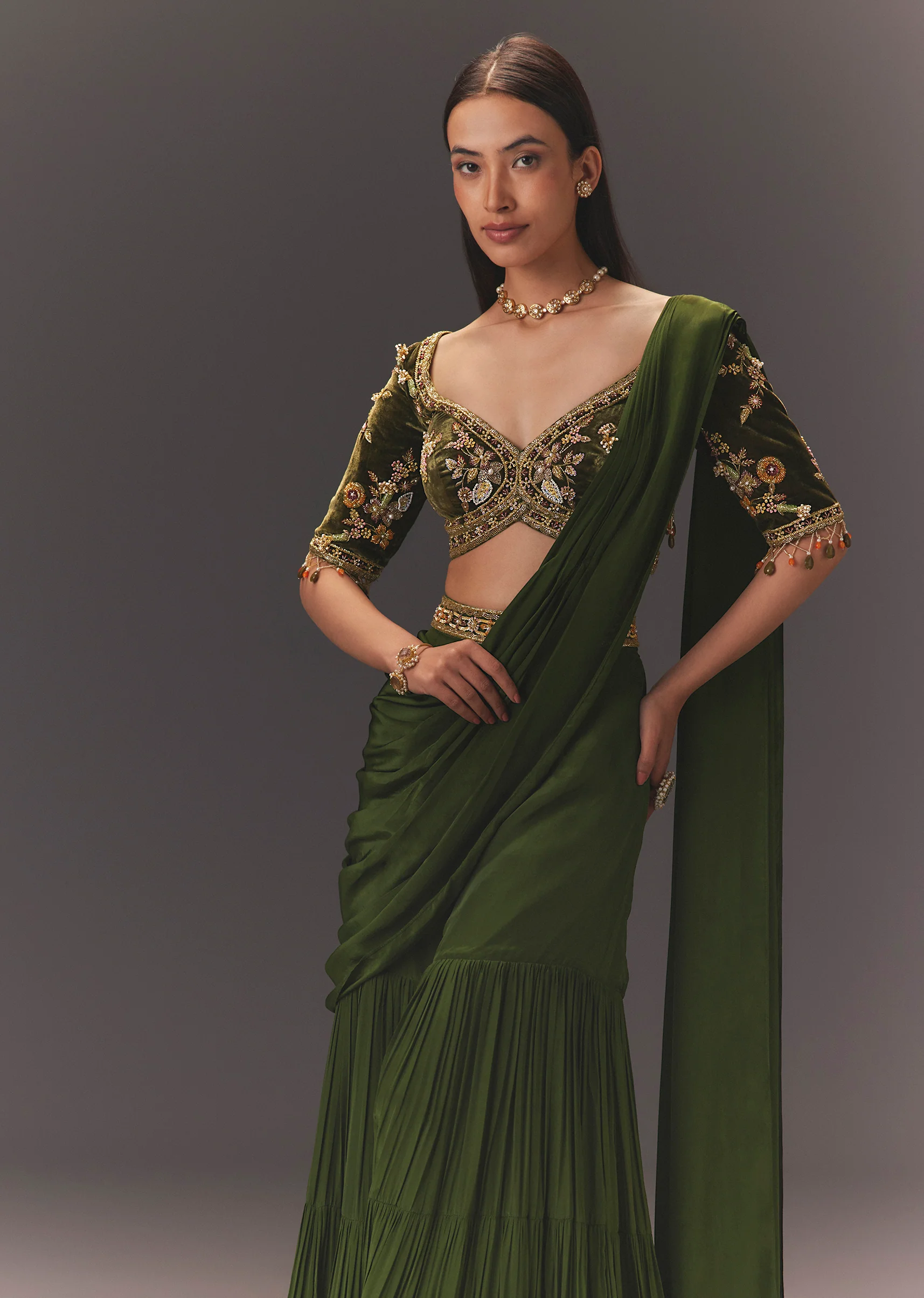 Coordinated Festive Couple Set – Seaweed Green Hand-Embroidered Draped Pallu Sharara for Her And Green Cotton Kurta Set with Embroidered Pocket & Collar for Him - Image 4