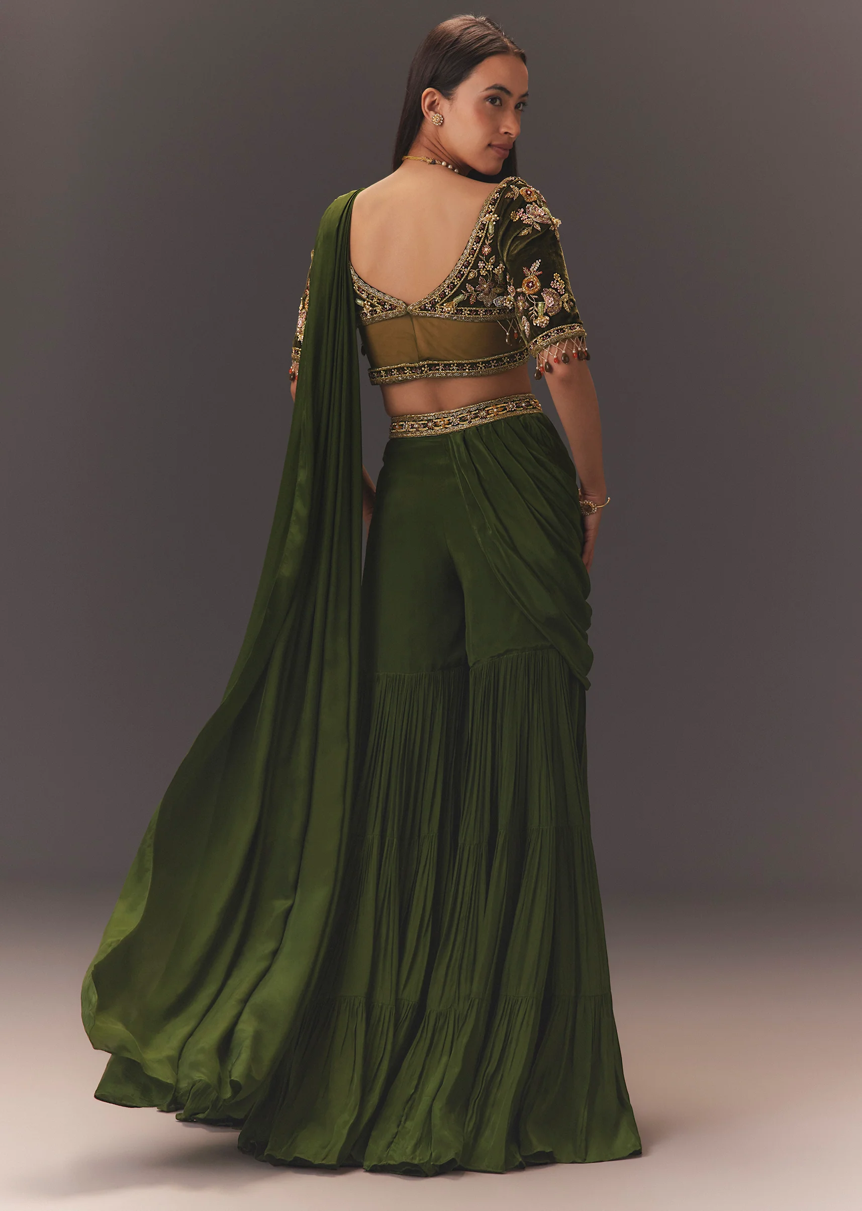 Coordinated Festive Couple Set – Seaweed Green Hand-Embroidered Draped Pallu Sharara for Her And Green Cotton Kurta Set with Embroidered Pocket & Collar for Him - Image 5