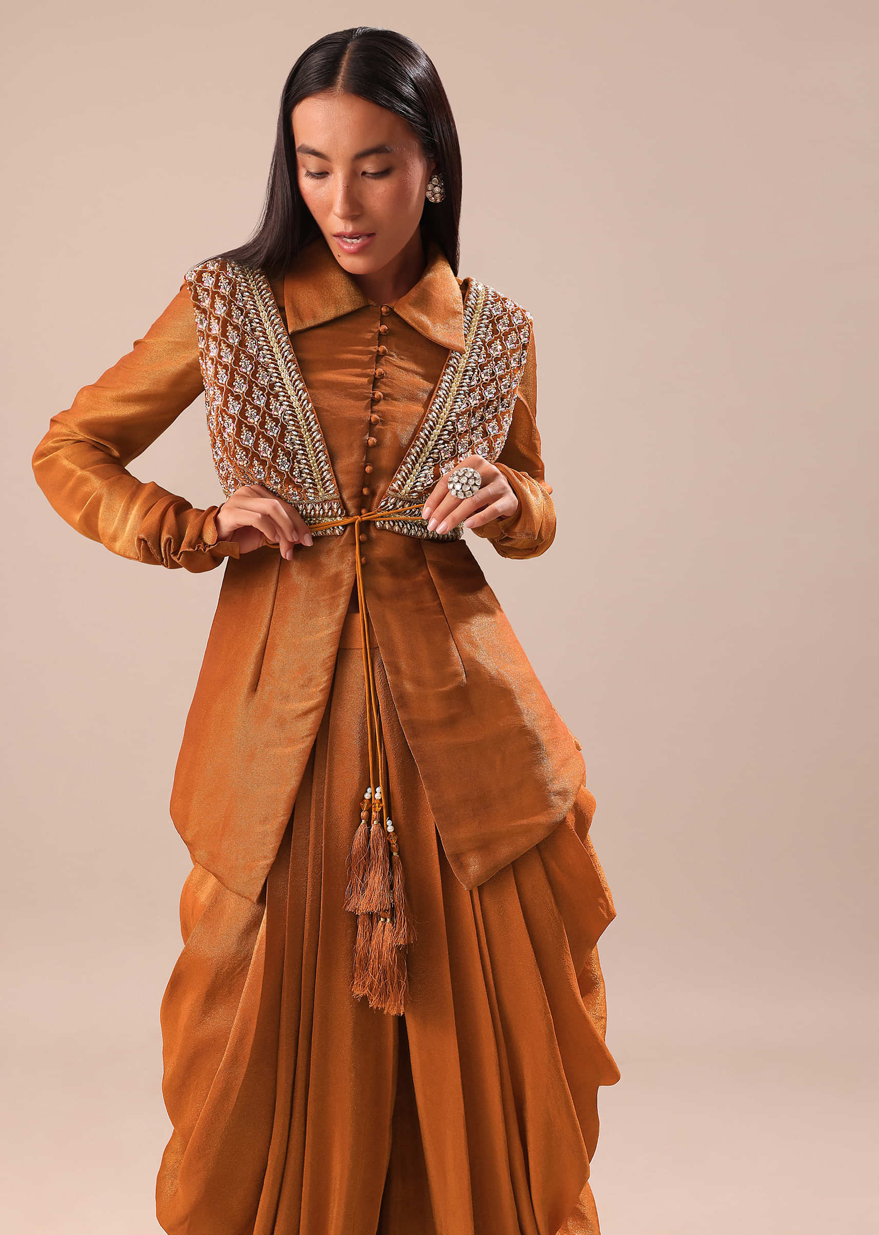Copper Brown Kurta With Embroidered Jacket And Dhoti - Image 4