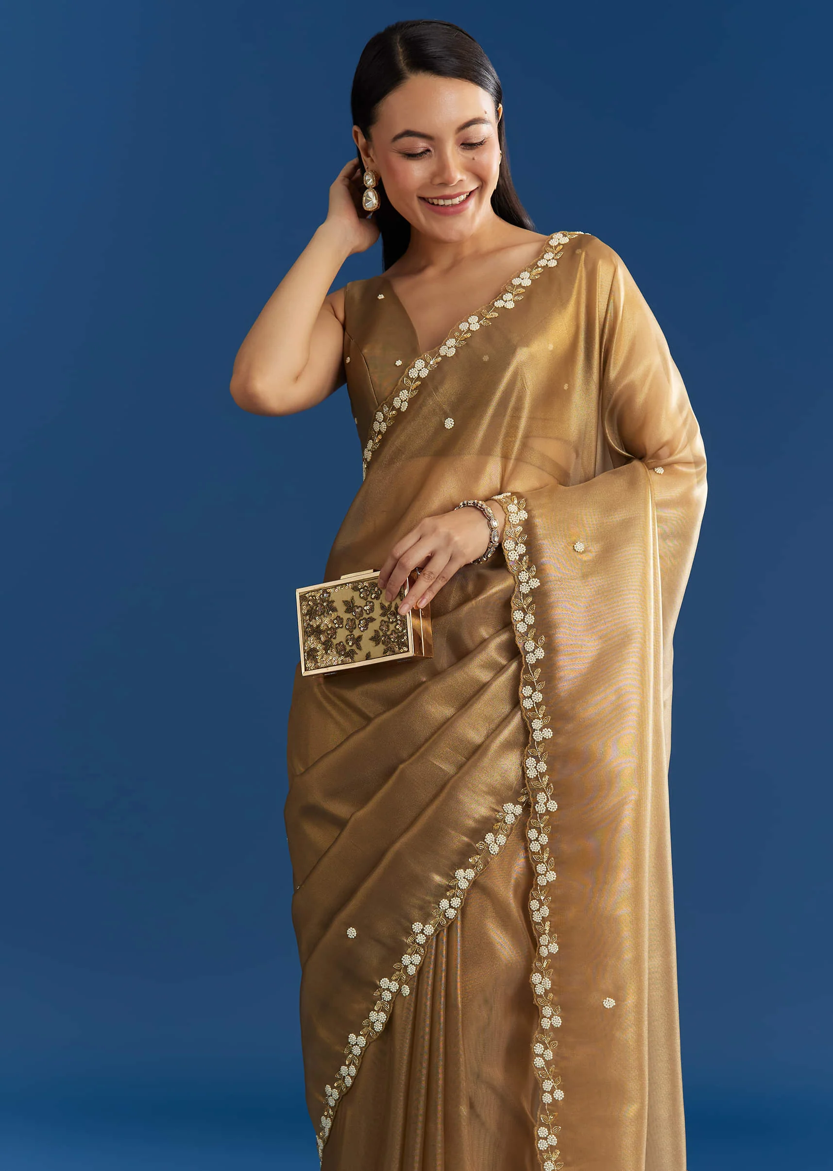 Copper Brown Organza Tissue Saree With Beaded Border - Image 2