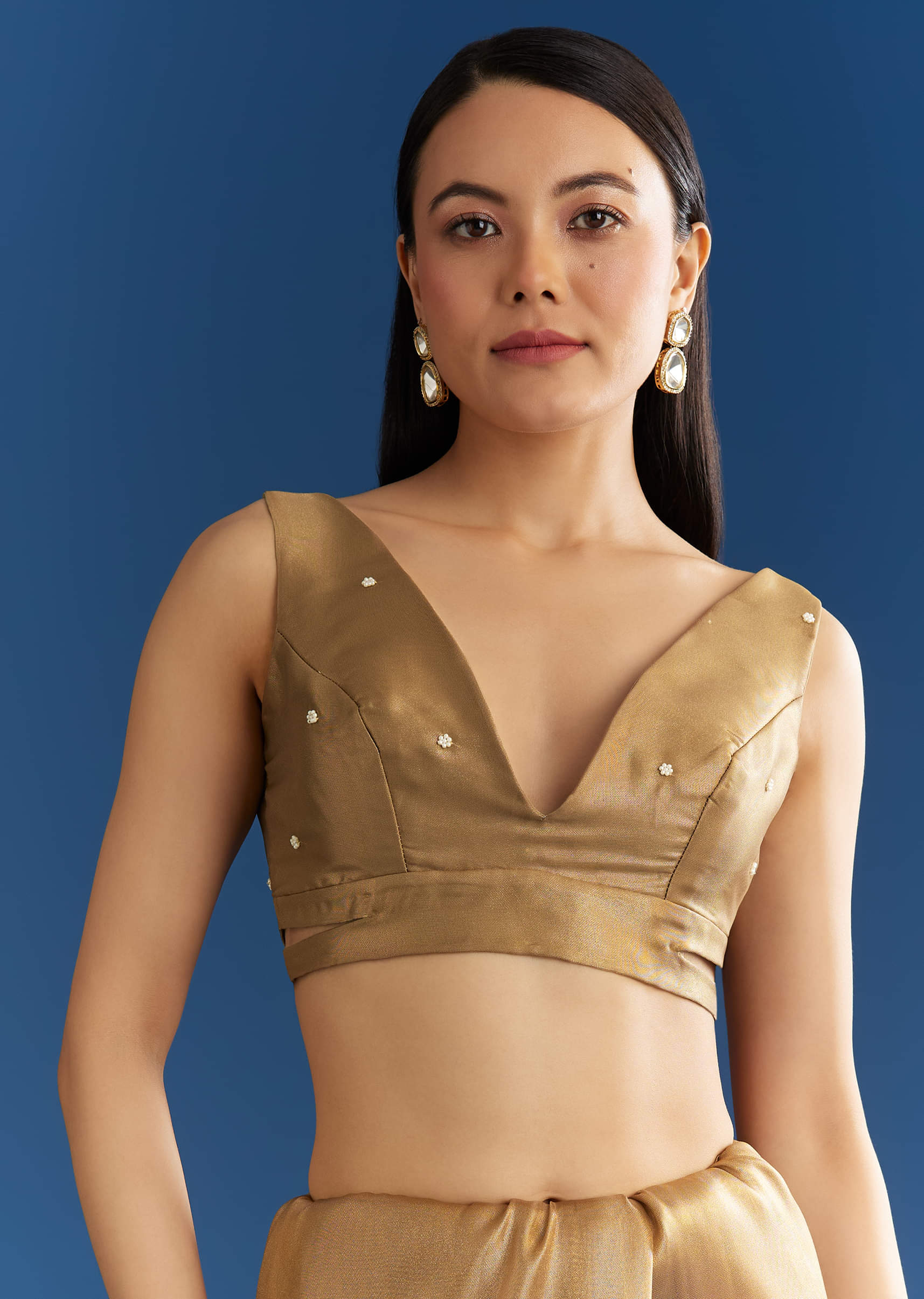 Copper Brown Organza Tissue Saree With Beaded Border - Image 7