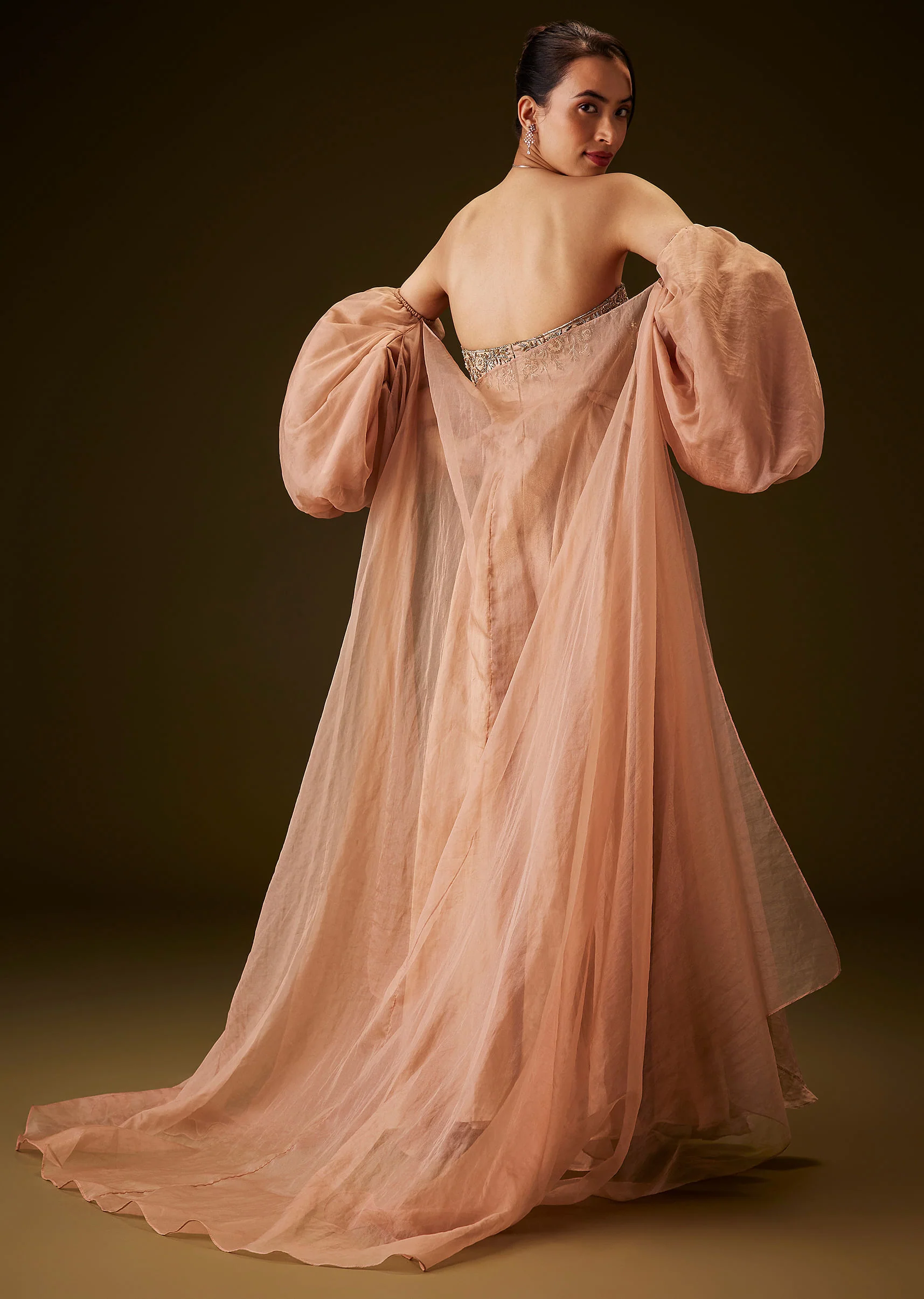 Copper Embroidered Bodice Jumpsuit With Puff Sleeve Jacket - Image 5