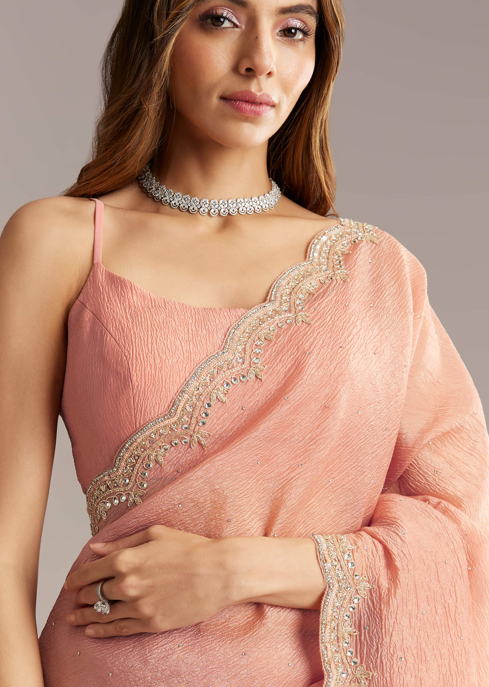 Copper Tissue Saree With Scallop Border And Sequin Embroidery - Image 3