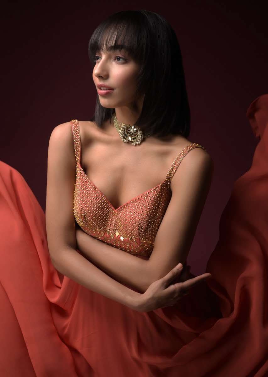 Coral Anarkali Suit With Geometric Shaped Mirror Accented Bodice And Fun Layered Hemline - Image 2