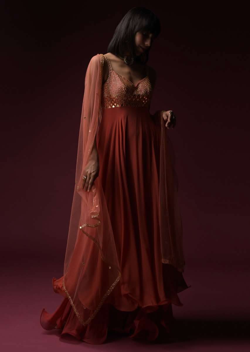Coral Anarkali Suit With Geometric Shaped Mirror Accented Bodice And Fun Layered Hemline - Image 4