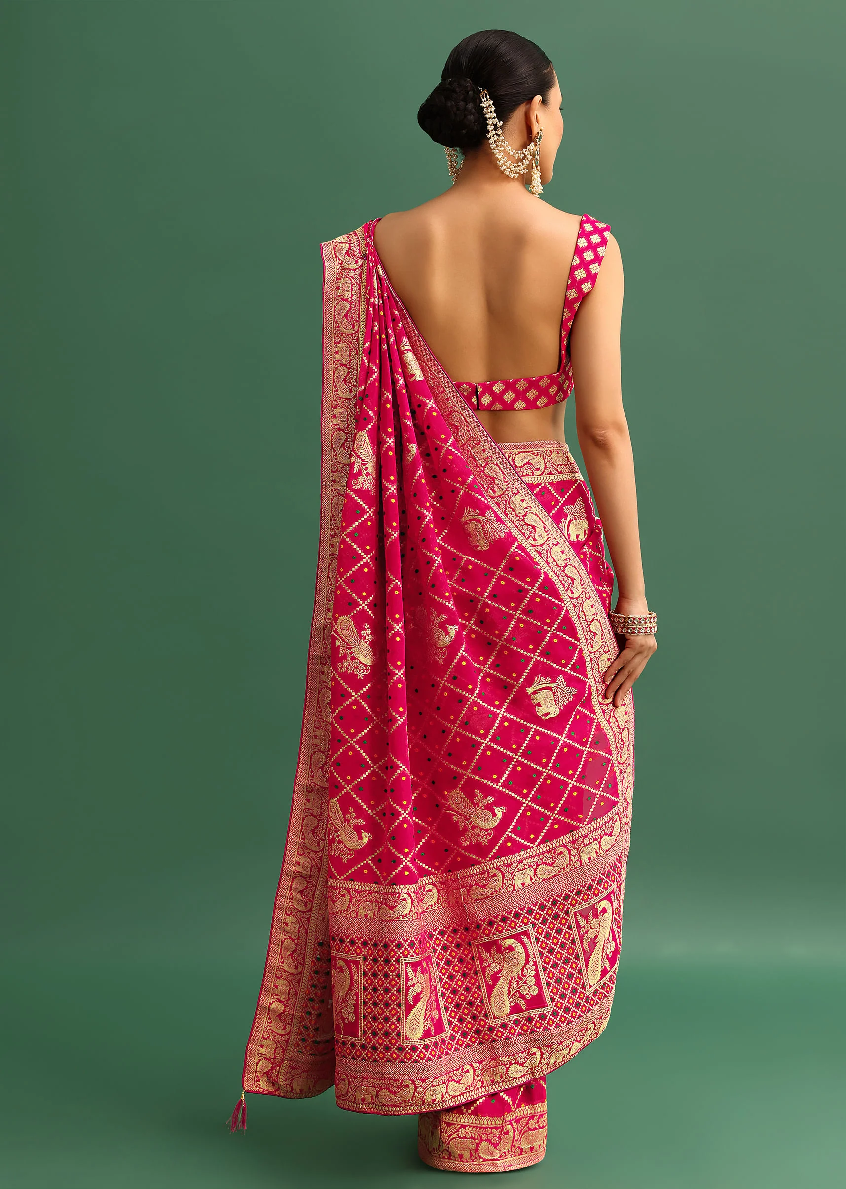 Coral Khaddi Georgette Saree With Zari Jaal Bandhani Weave And Unstitched Blouse - Image 6