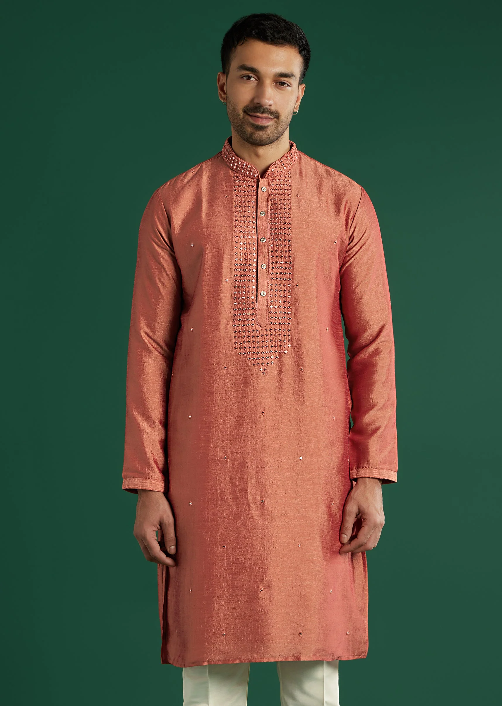 Coral Silk Kurta Set For Men With Mirror Work - Image 3