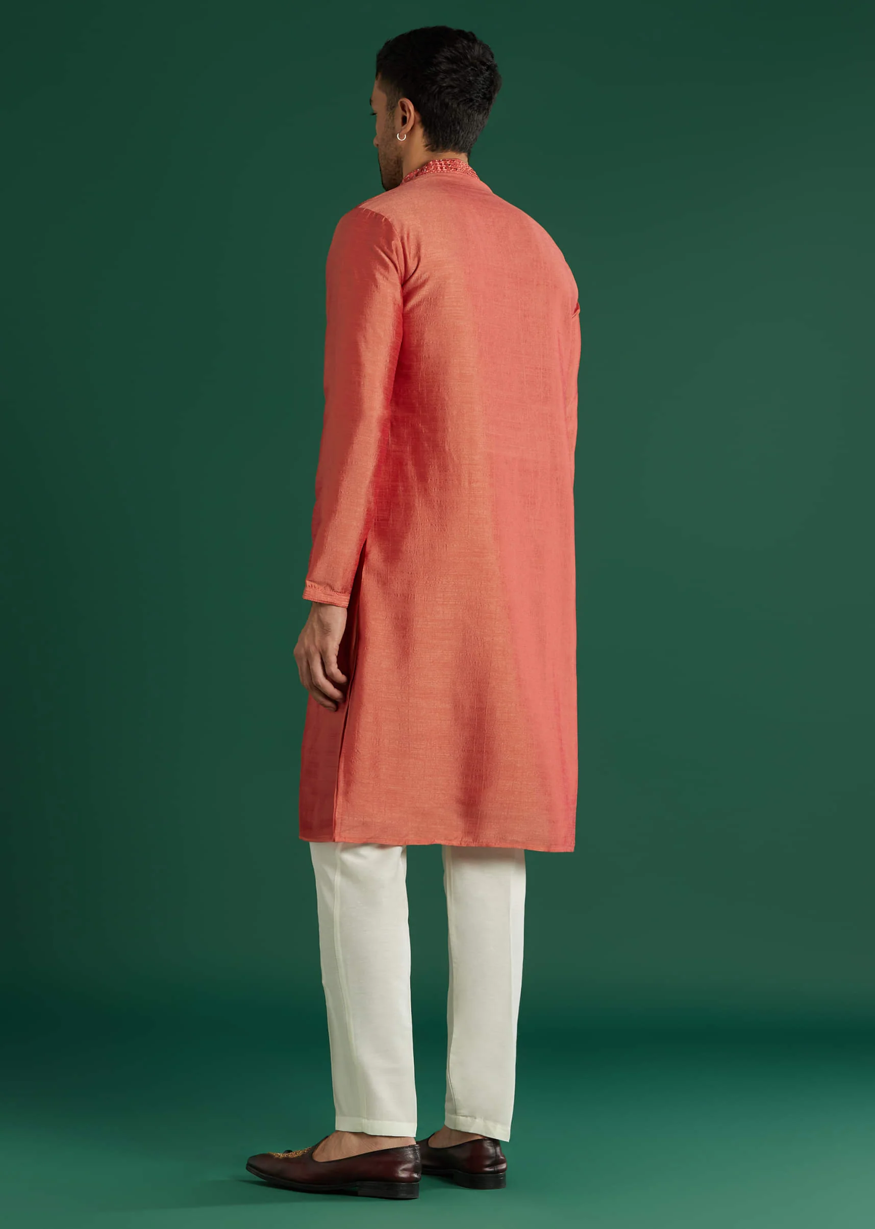 Coral Silk Kurta Set For Men With Mirror Work - Image 4