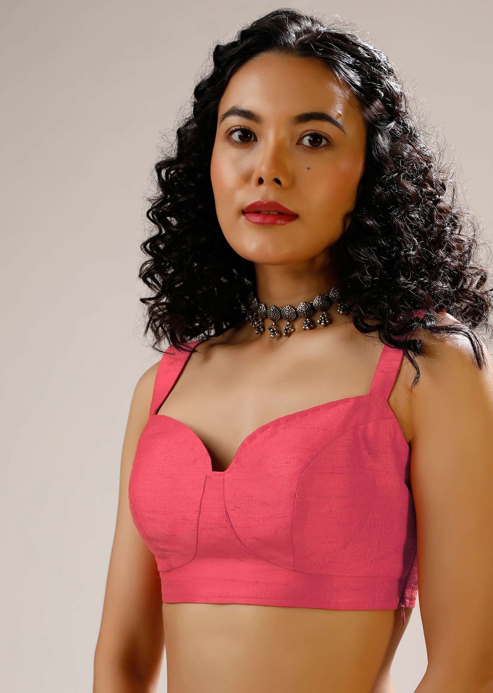 Coral Sleeveless Blouse In Raw Silk With Corset Neckline And Straps On The Shoulder - Image 3