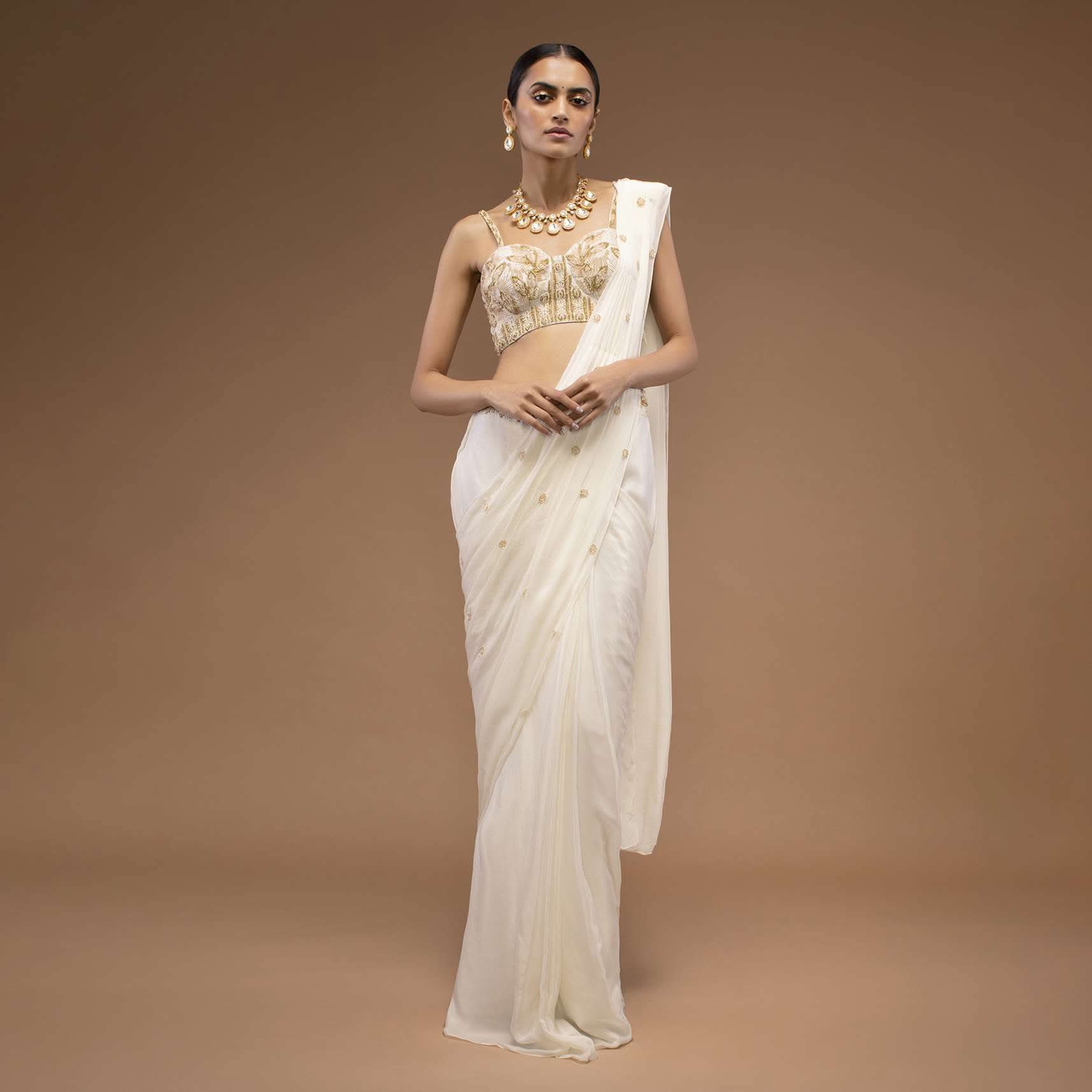 Cotton White Ready To Wear Saree With A Crop Top Set In Cut Dana Embroidery, Paired With The Spaghetti Straps With A Corset Neckline - Image 2