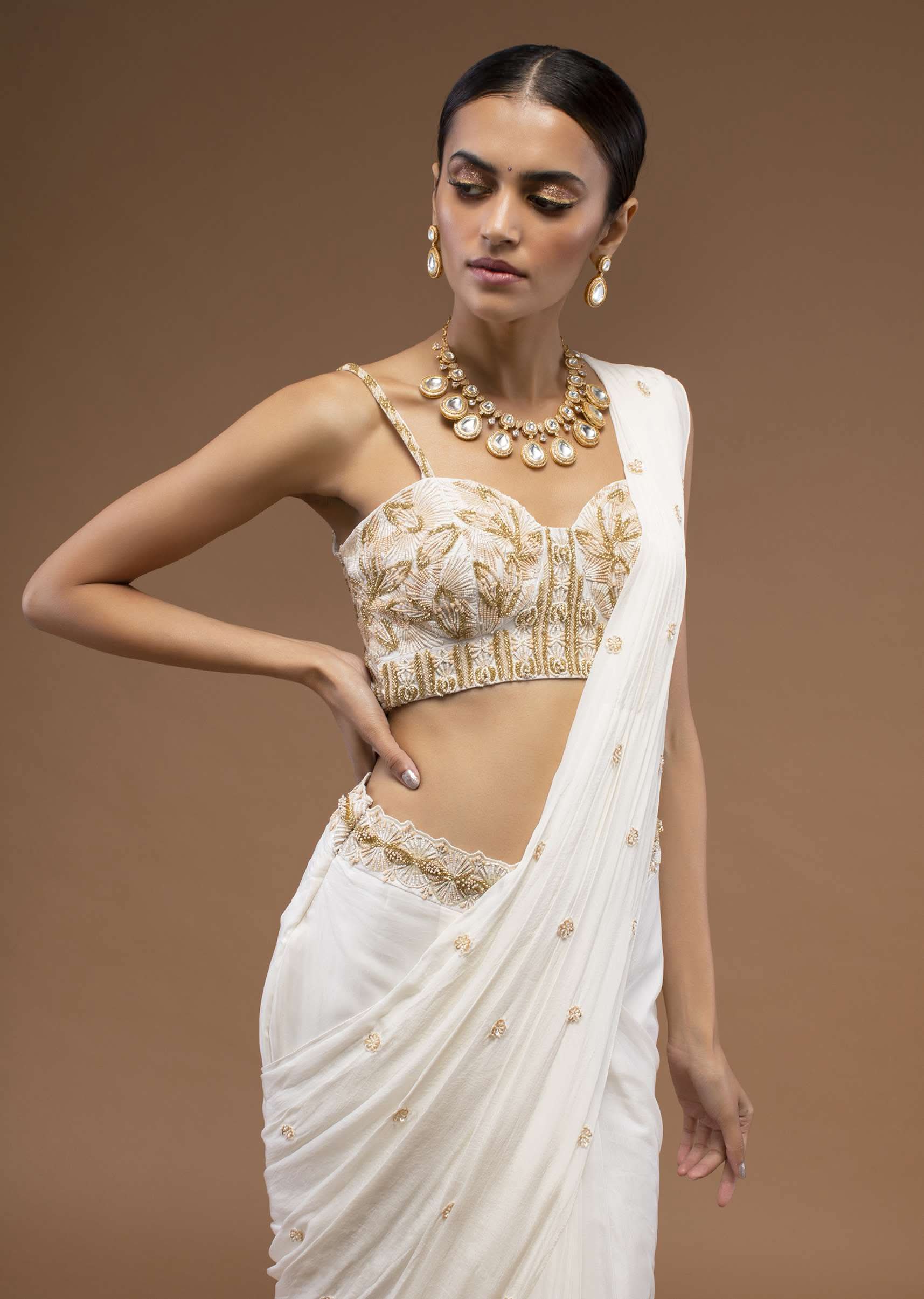 Cotton White Ready To Wear Saree With A Crop Top Set In Cut Dana Embroidery, Paired With The Spaghetti Straps With A Corset Neckline - Image 3