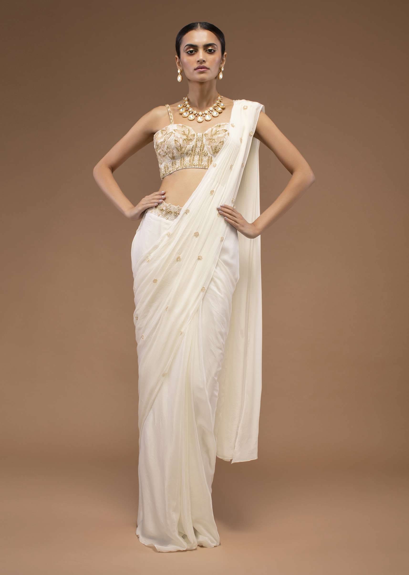 Cotton White Ready To Wear Saree With A Crop Top Set In Cut Dana Embroidery, Paired With The Spaghetti Straps With A Corset Neckline - Image 4