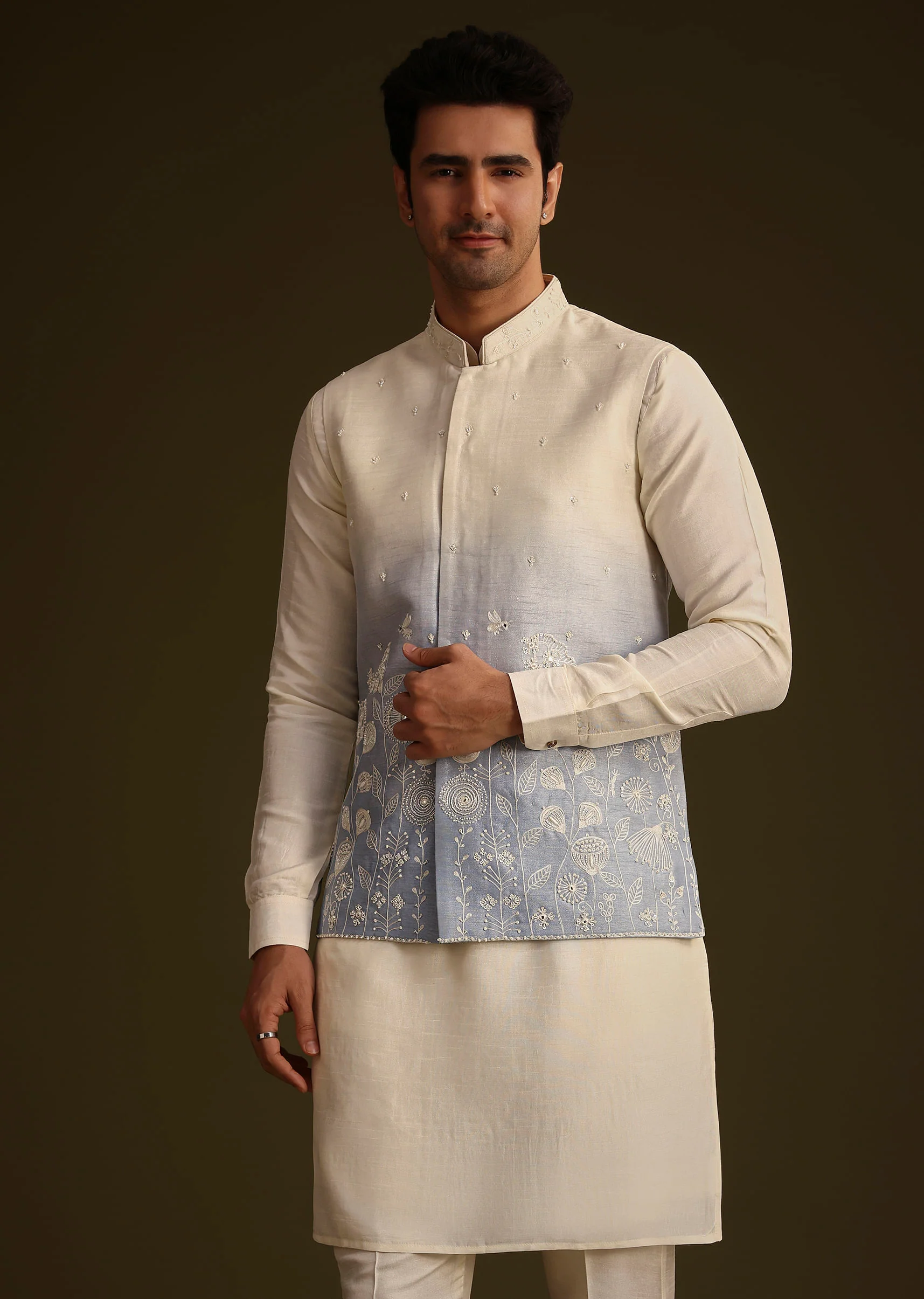 Cream And Blue Ombre Embroidered Silk Jacket Set - Image 4