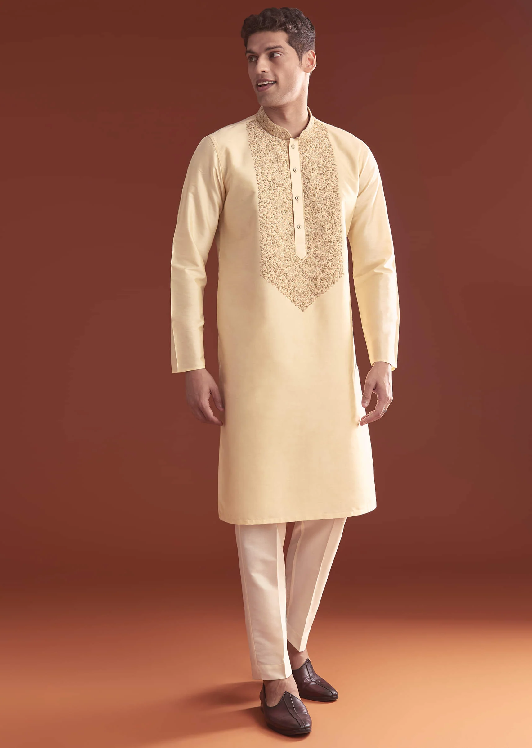 Cream Banarasi Silk Kurta Set For Men With Kashmiri Work - Image 4