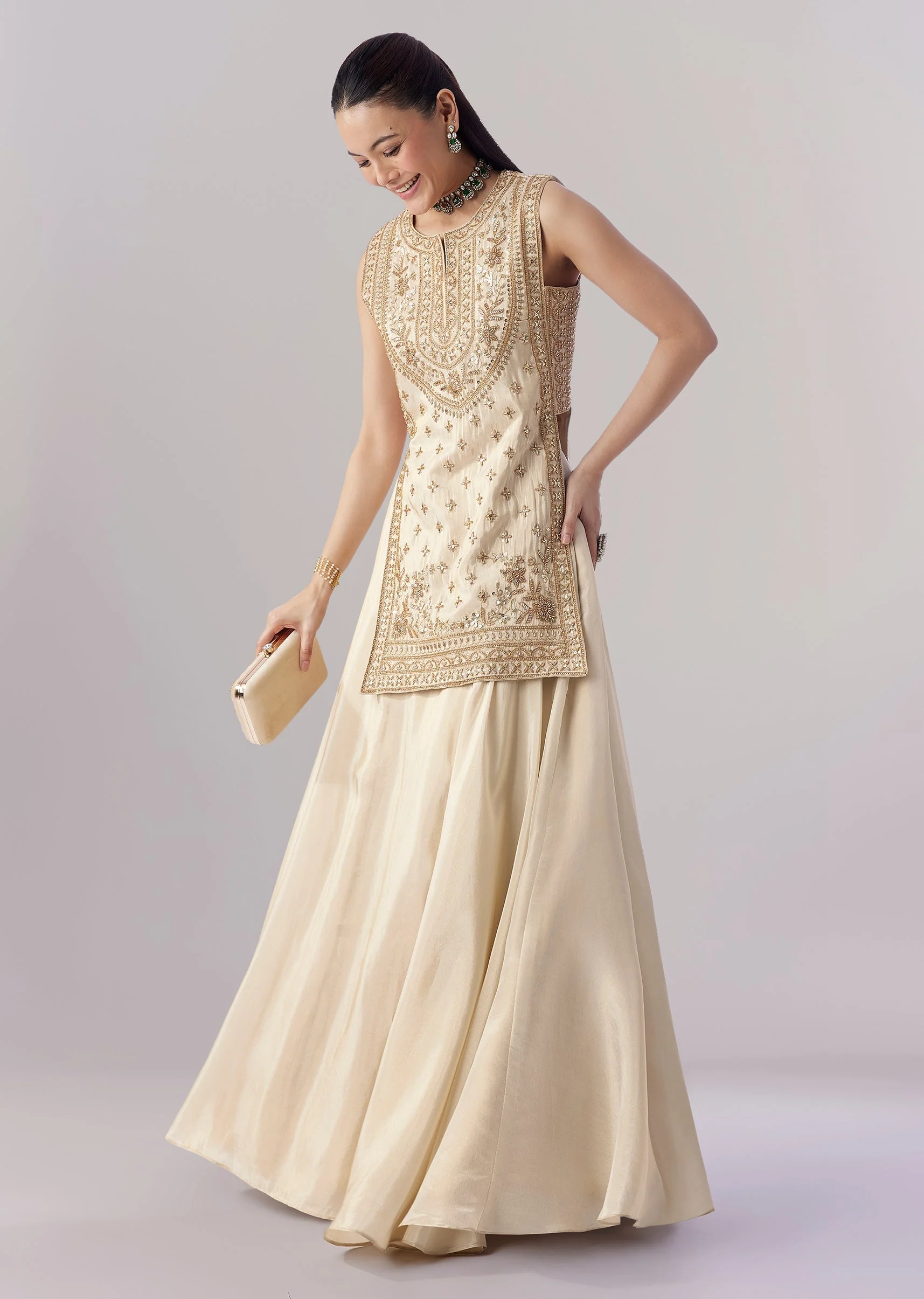 Cream Banarasi Tissue Kurta Lehenga Set - Image 4