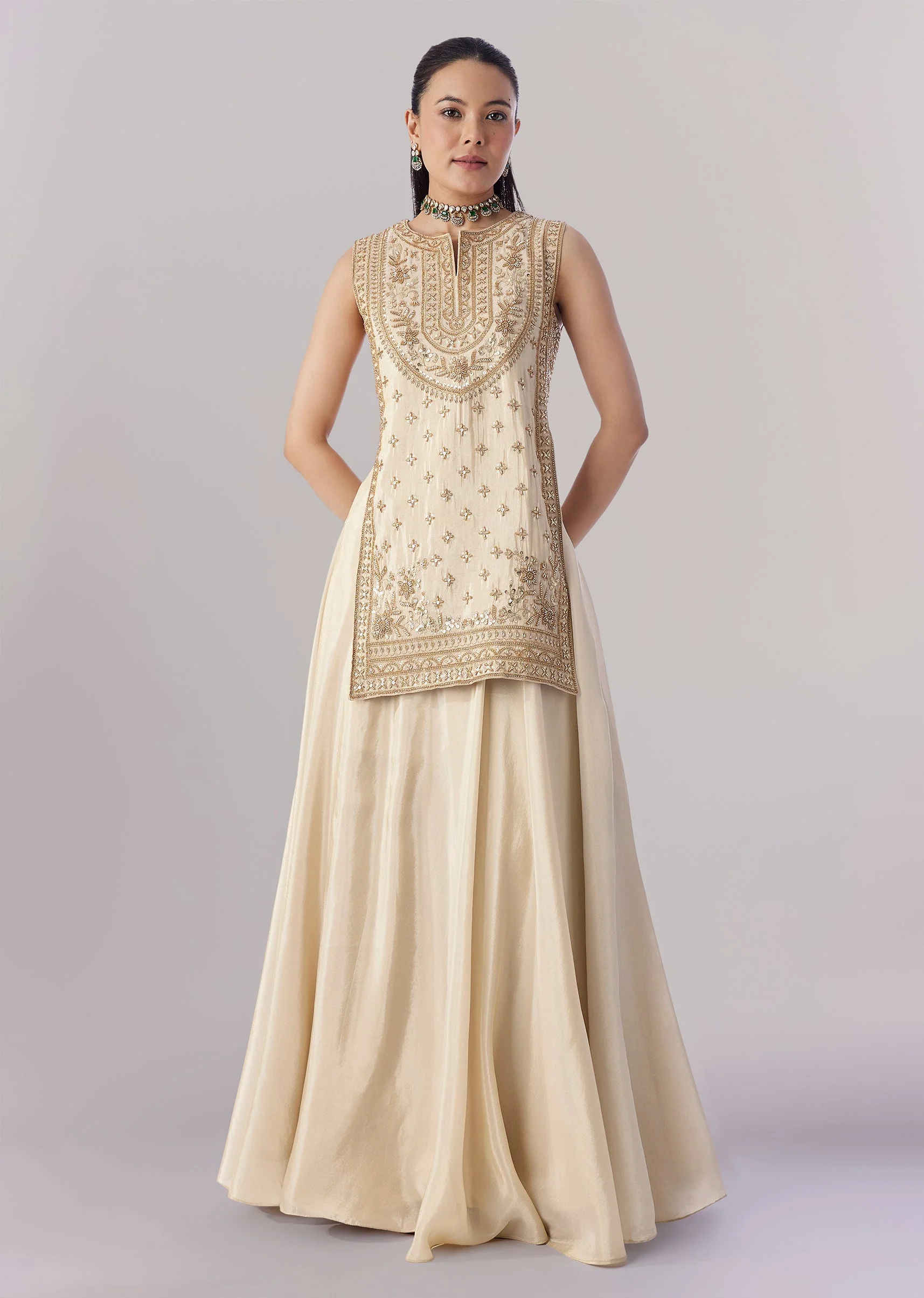 Cream Banarasi Tissue Kurta Lehenga Set - Image 6