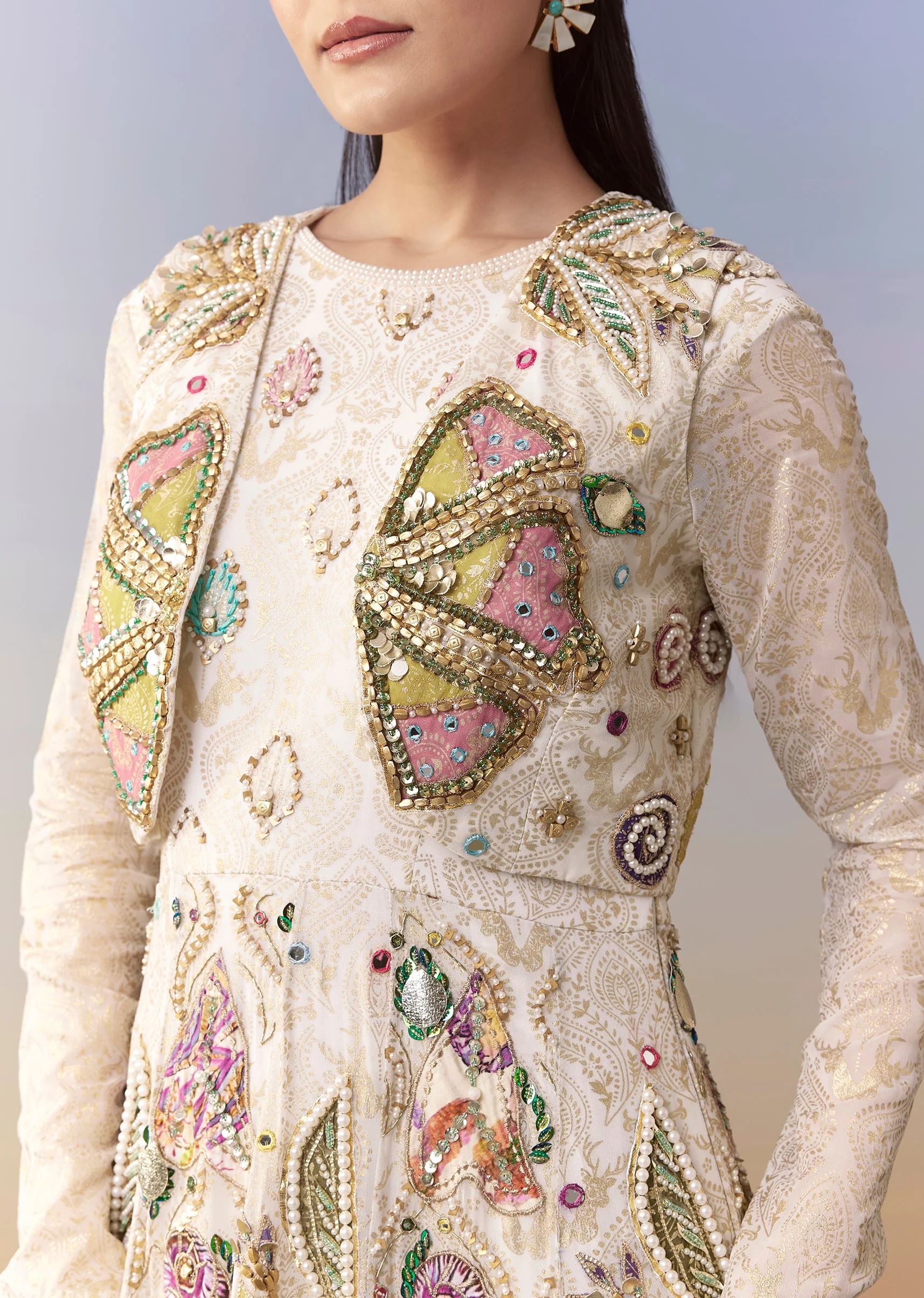 Cream Bead Embellished Gown with Jacket - Image 2