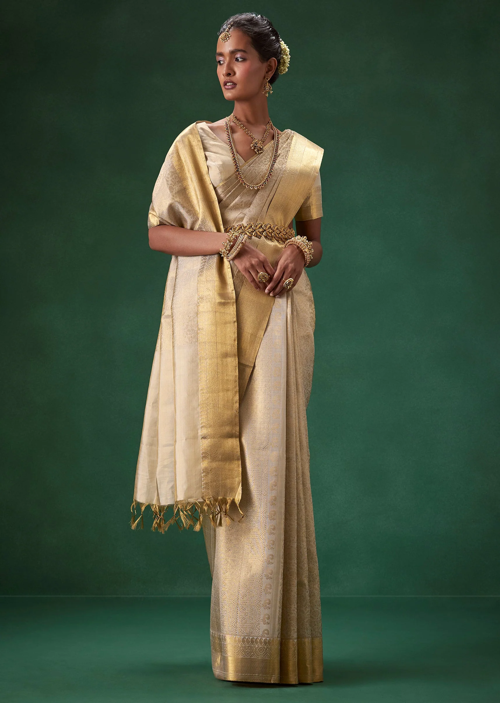 Cream Bridal Kanjivaram Floral Weave Saree with Unstitched Blouse