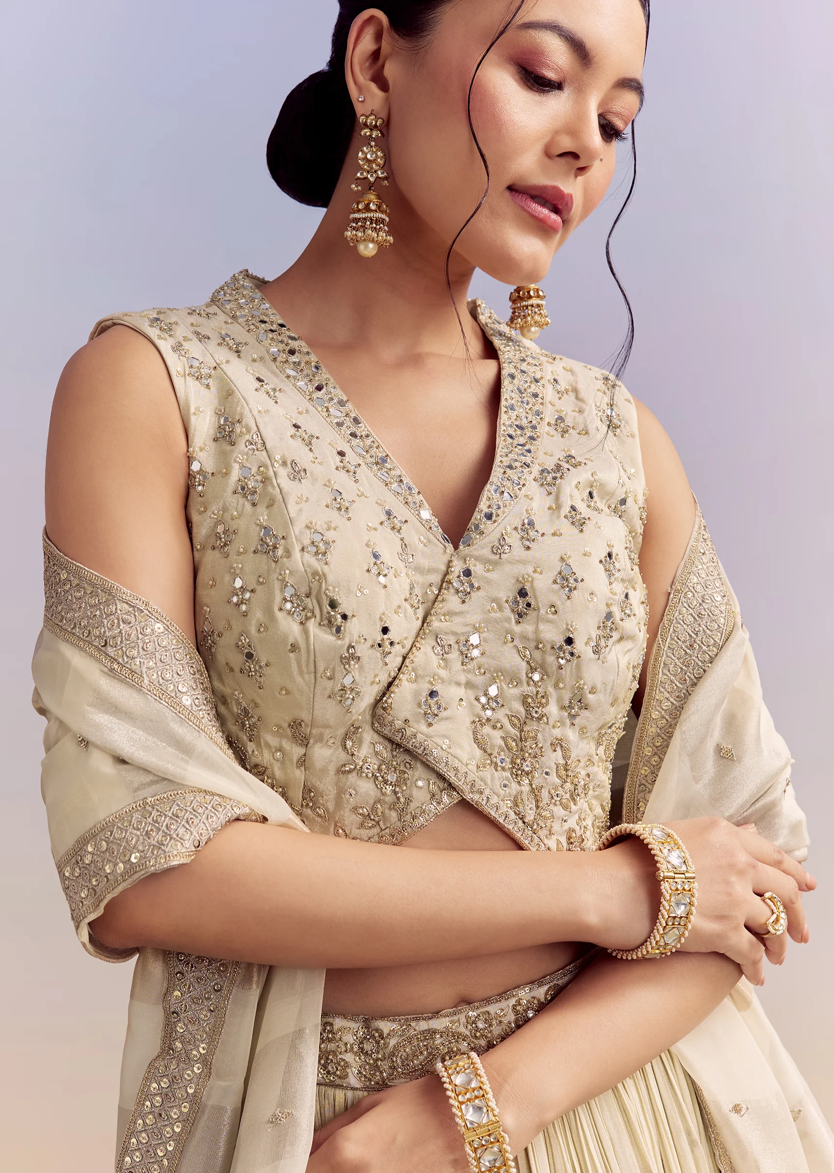 Cream Chinon Bridesmaid Lehenga With Tissue Dupatta - Image 3
