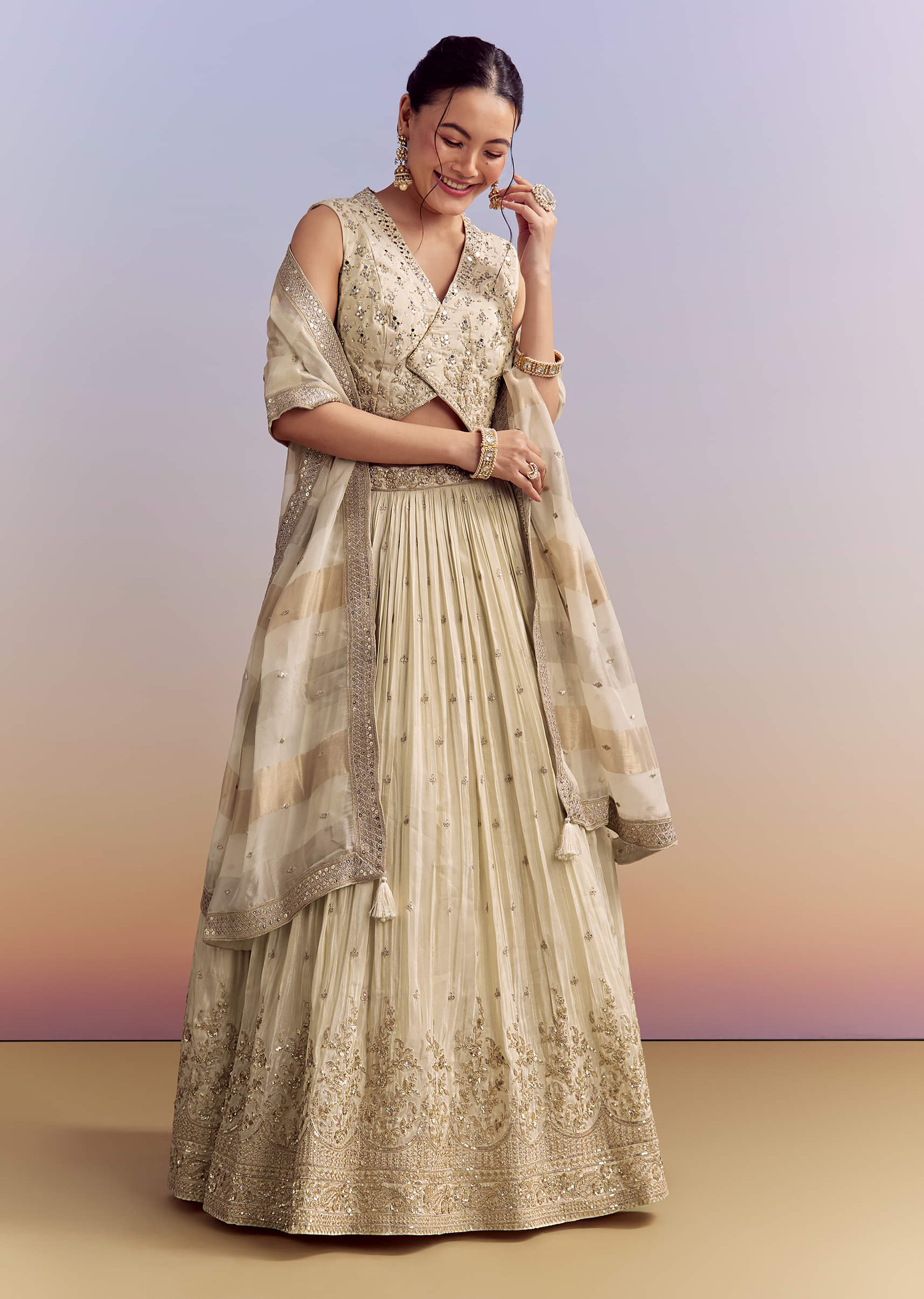 Cream Chinon Bridesmaid Lehenga With Tissue Dupatta - Image 4