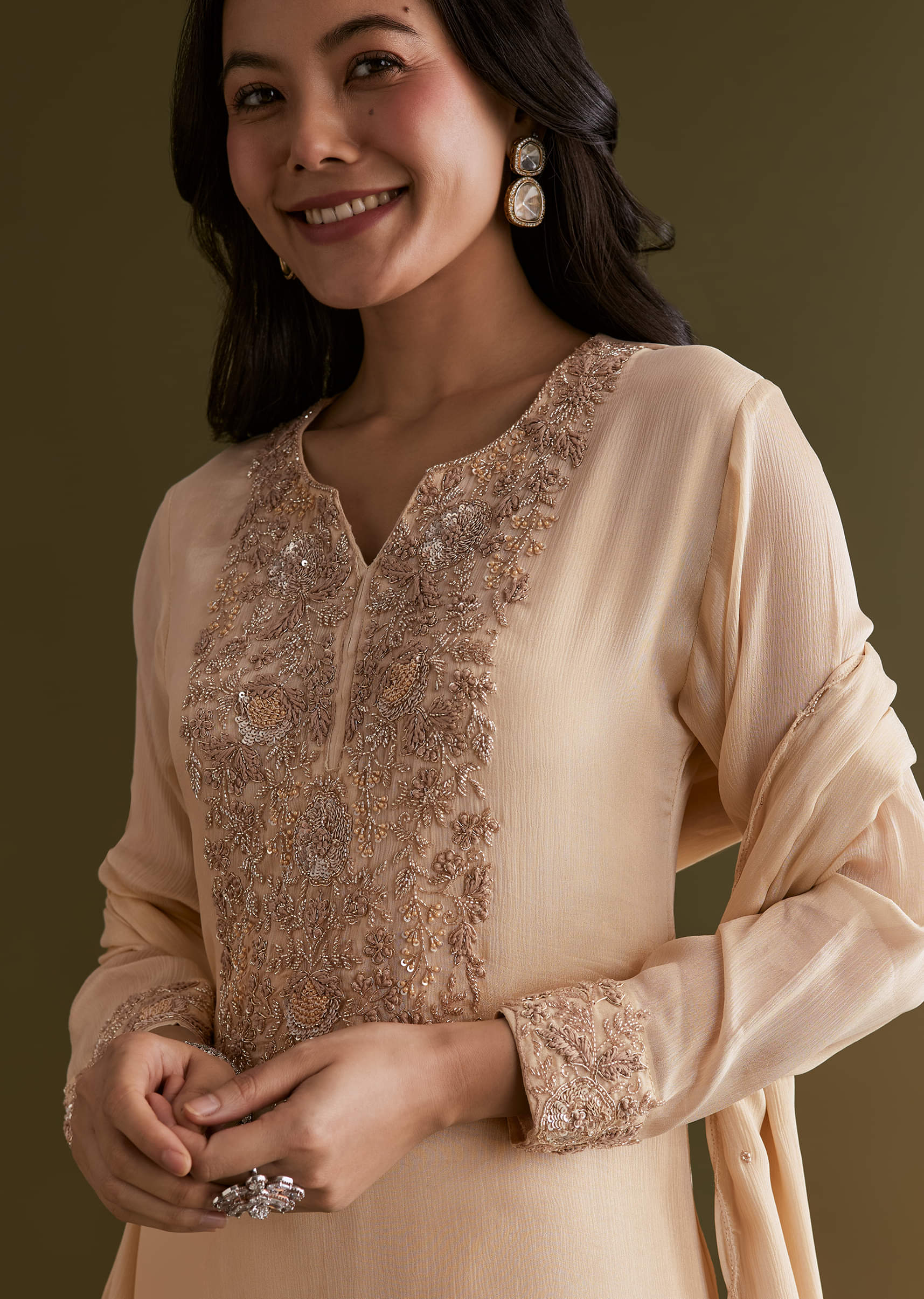 Cream Chinon Kurta Sharara Suit With Embroidered Dupatta - Image 3
