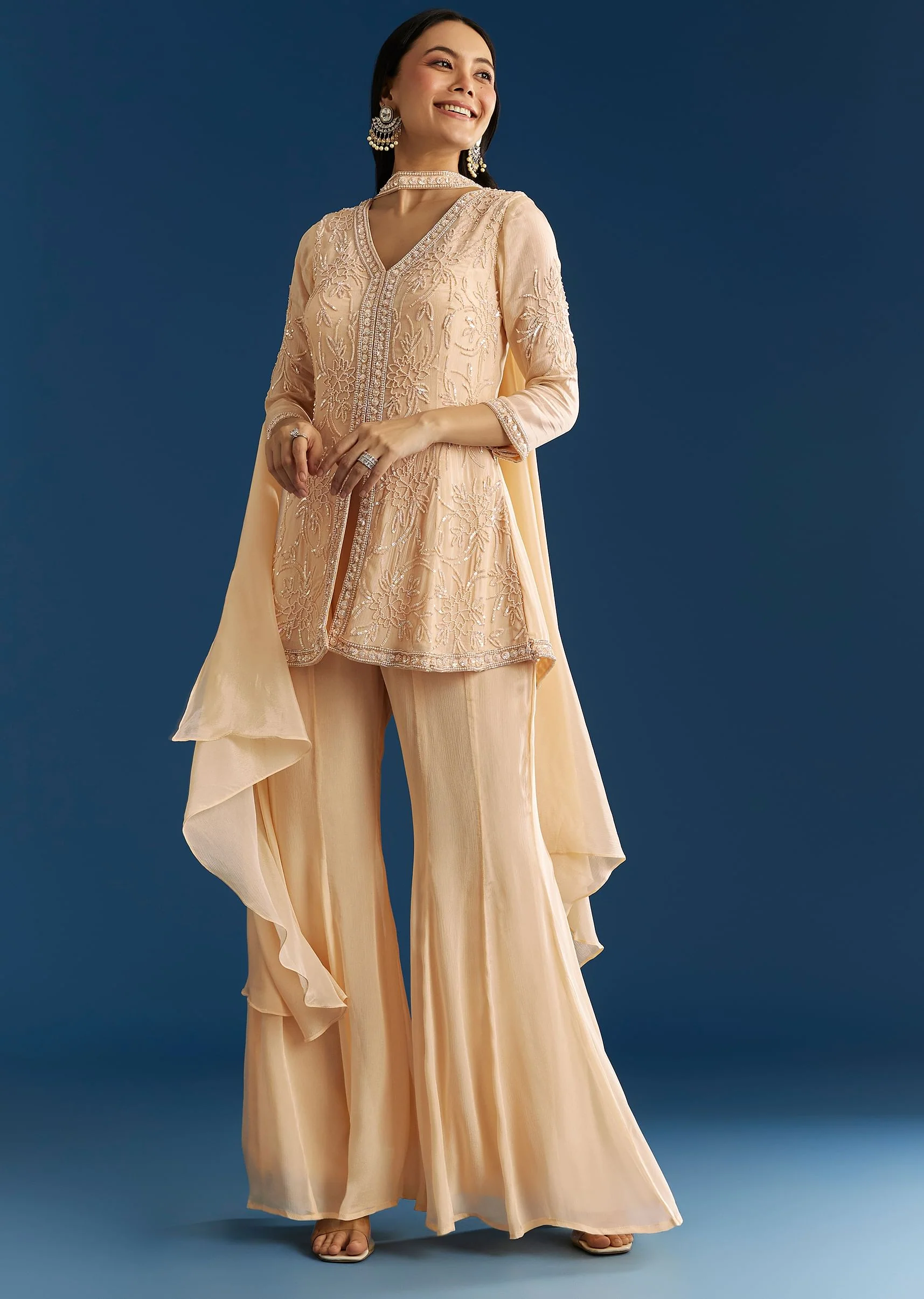 Cream Chinon Moti Embroidered Kurta Palazzo Set With Choker Style Dupatta