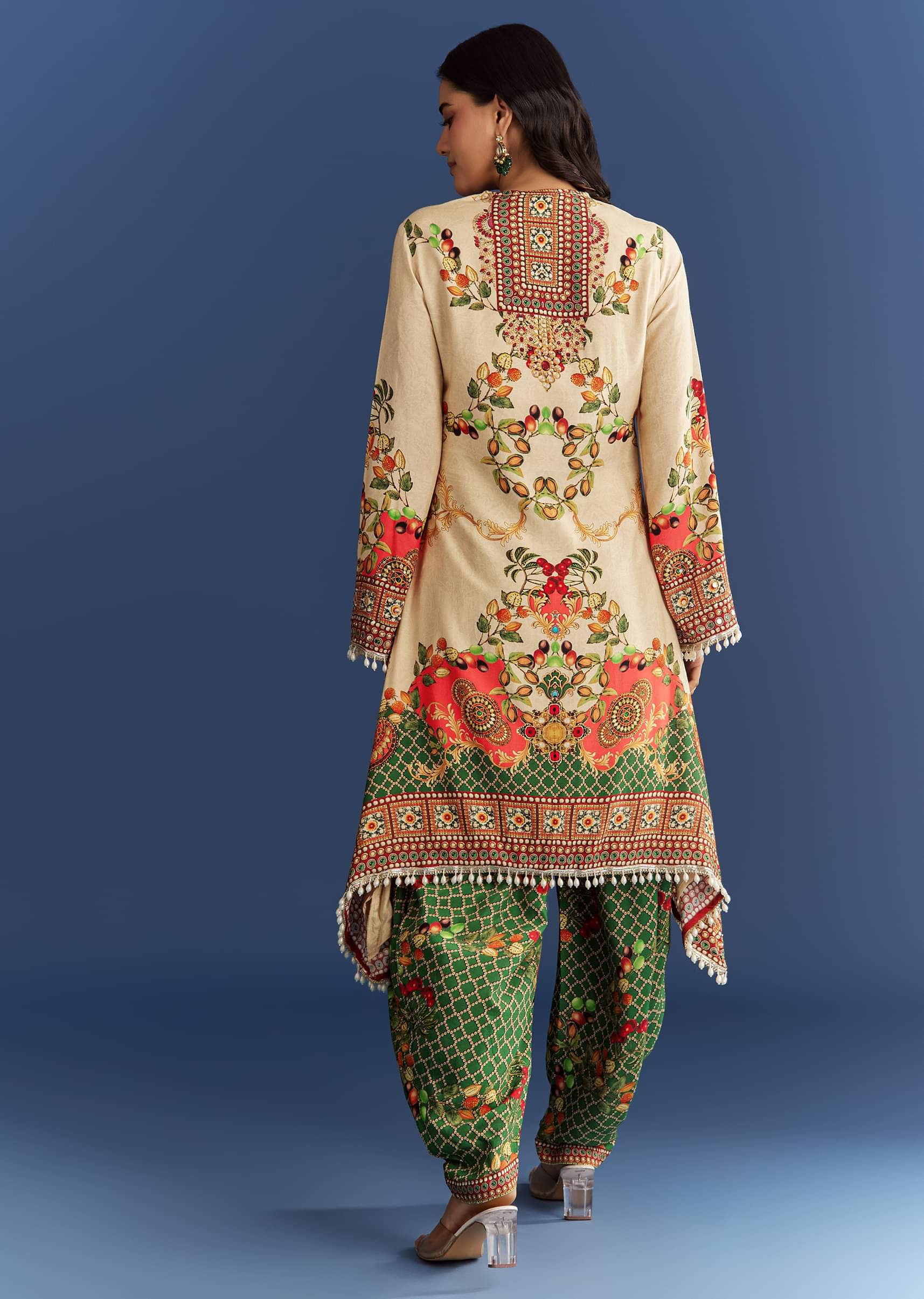 Cream Cotton Muslin Printed Asymmetrical Kurta Dhoti - Image 5