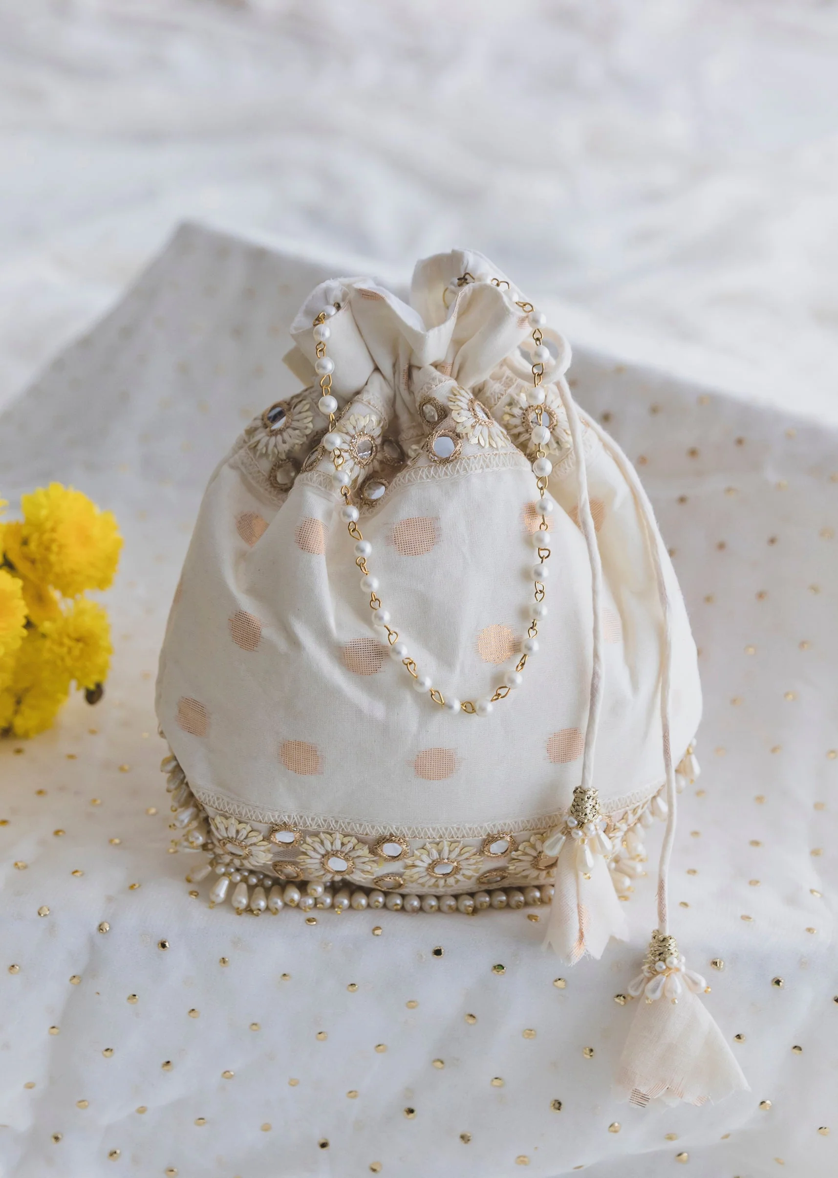 Cream Cotton Potli With Embroidery And Mirror Work - Image 2