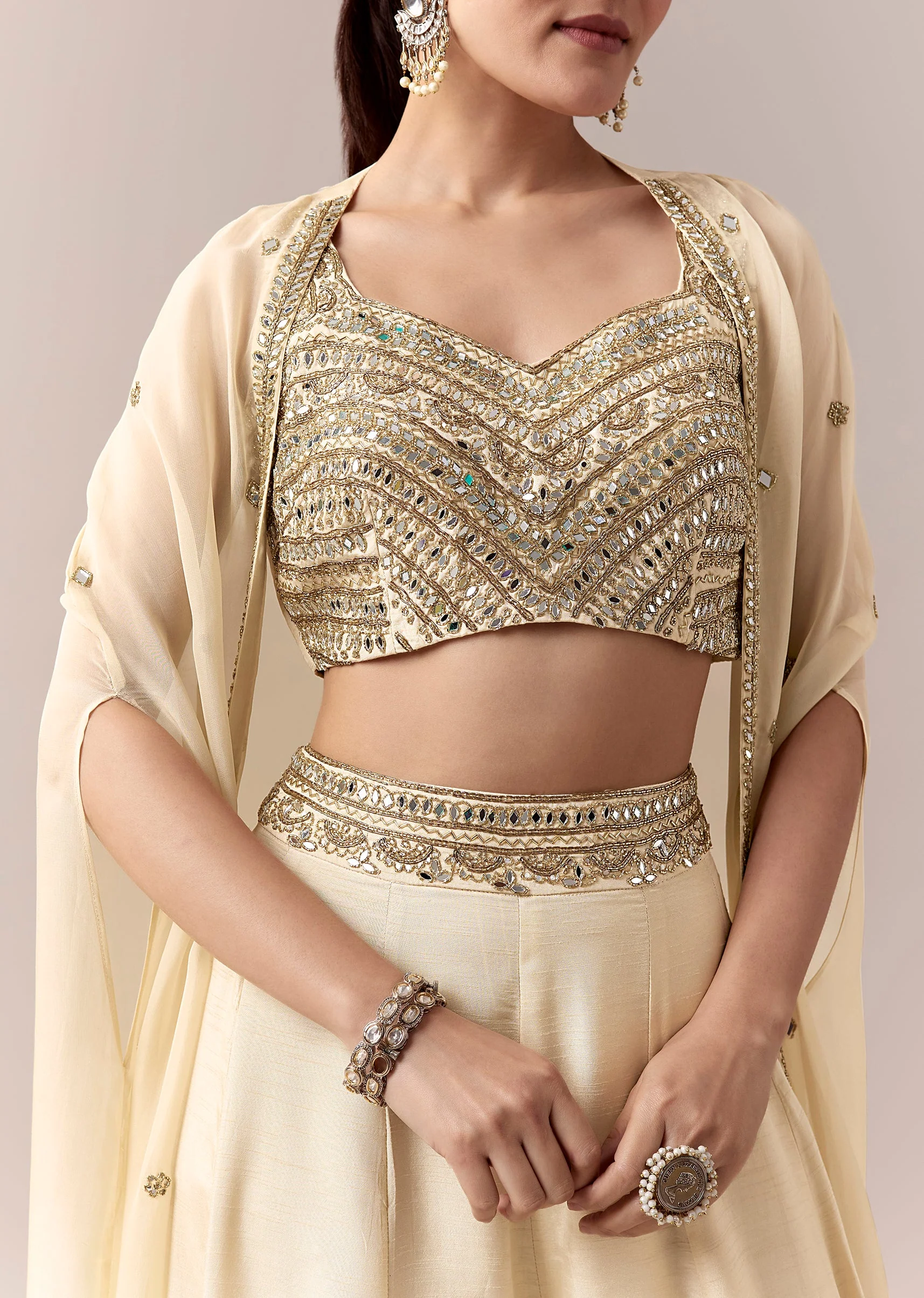 Cream Crop Top Pants Indo Western With Mirror Cut Dana Work - Image 2