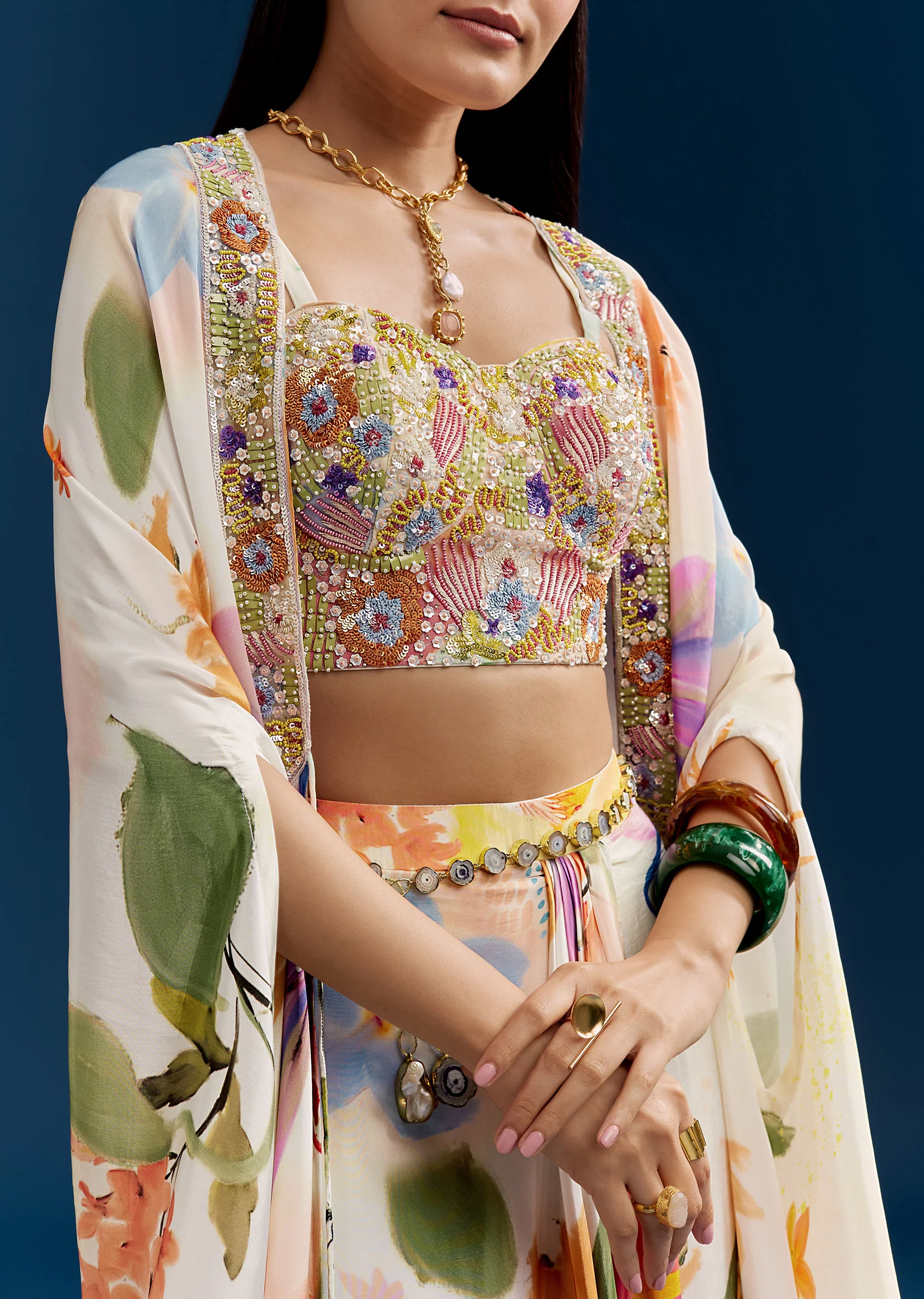 Cream Crop Top Skirt Set With Embroidered Cape And Floral Print - Image 2