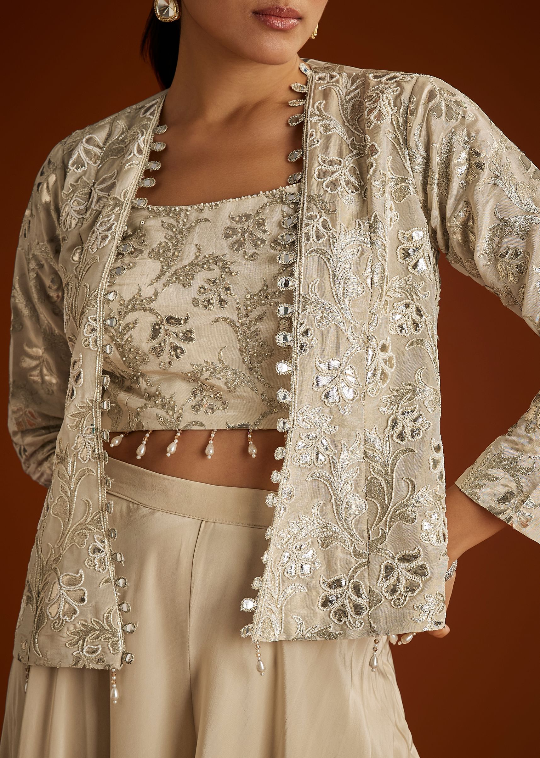 Cream Croptop Patch And Sequin Croptop Jacket Set - Image 4