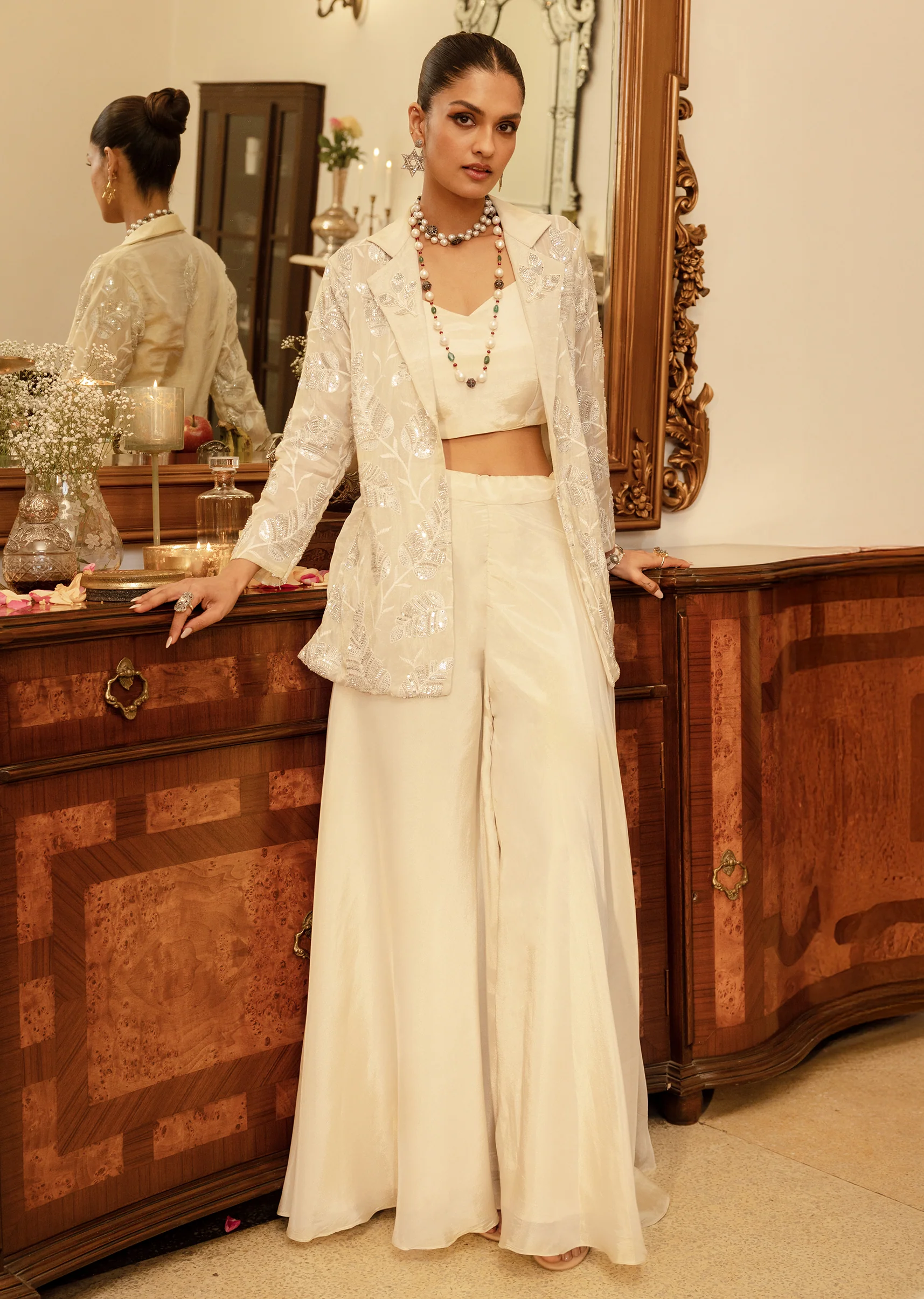 Cream Embroidered Croptop Palazzo And Jacket Set - Image 6