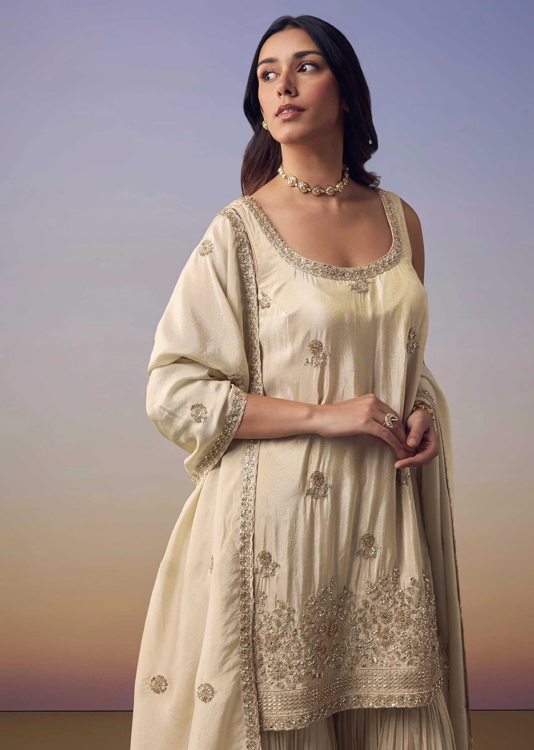 Cream Embroidered Kurta Sharara Set - Image 2