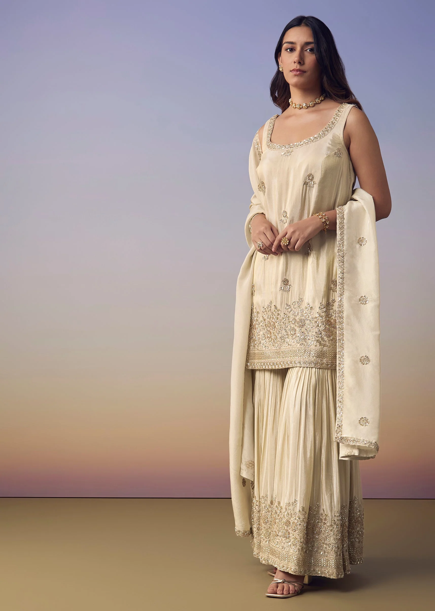 Cream Embroidered Kurta Sharara Set - Image 3