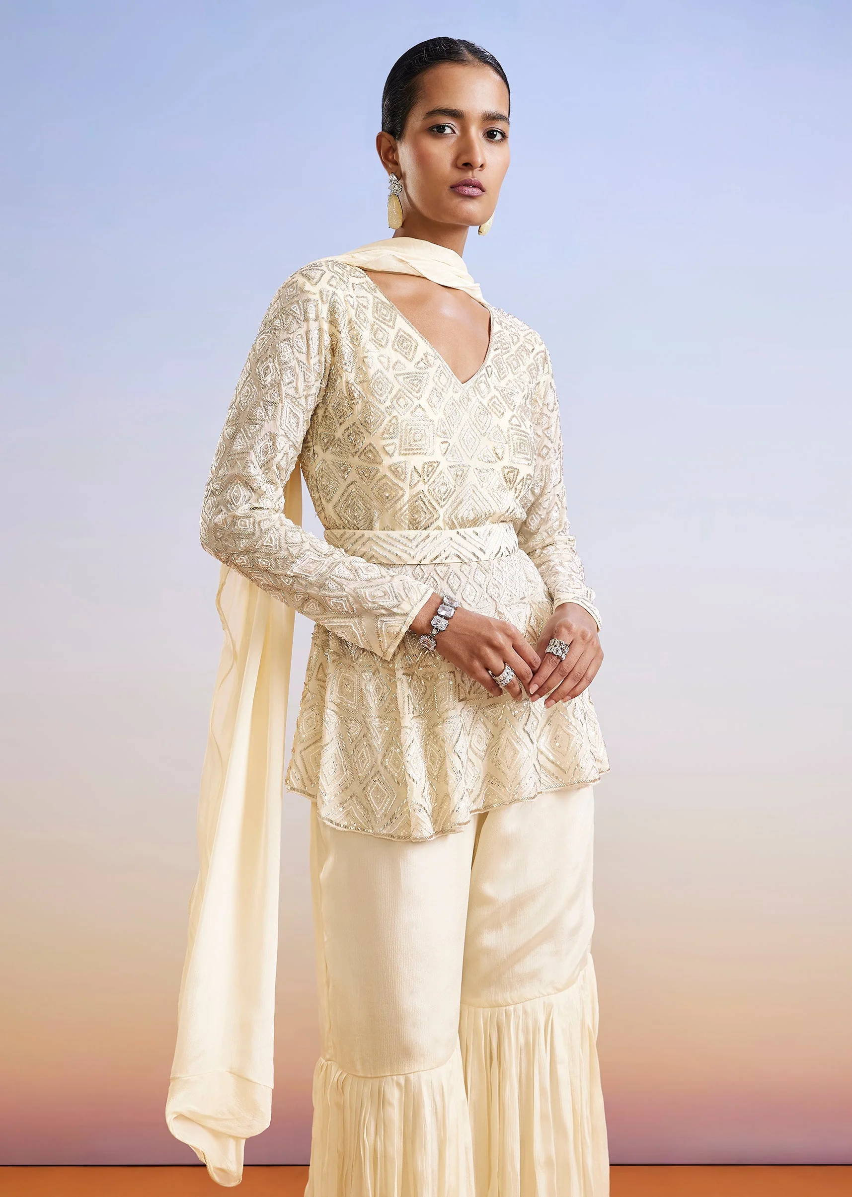 Cream Embroidered Peplum Sharara Suit With Dupatta And Belt - Image 4