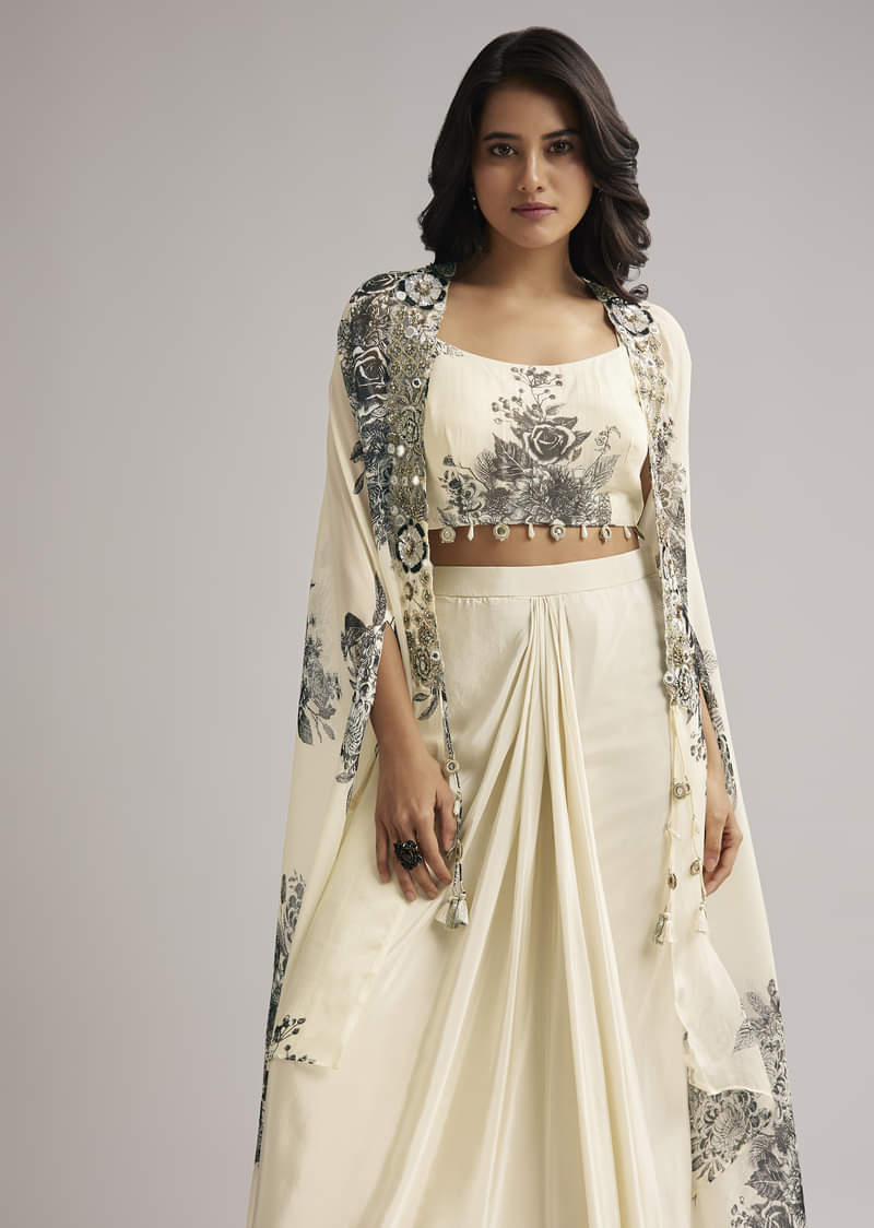 Cream Floral Cape Set With Crop Top And Skirt - Image 3