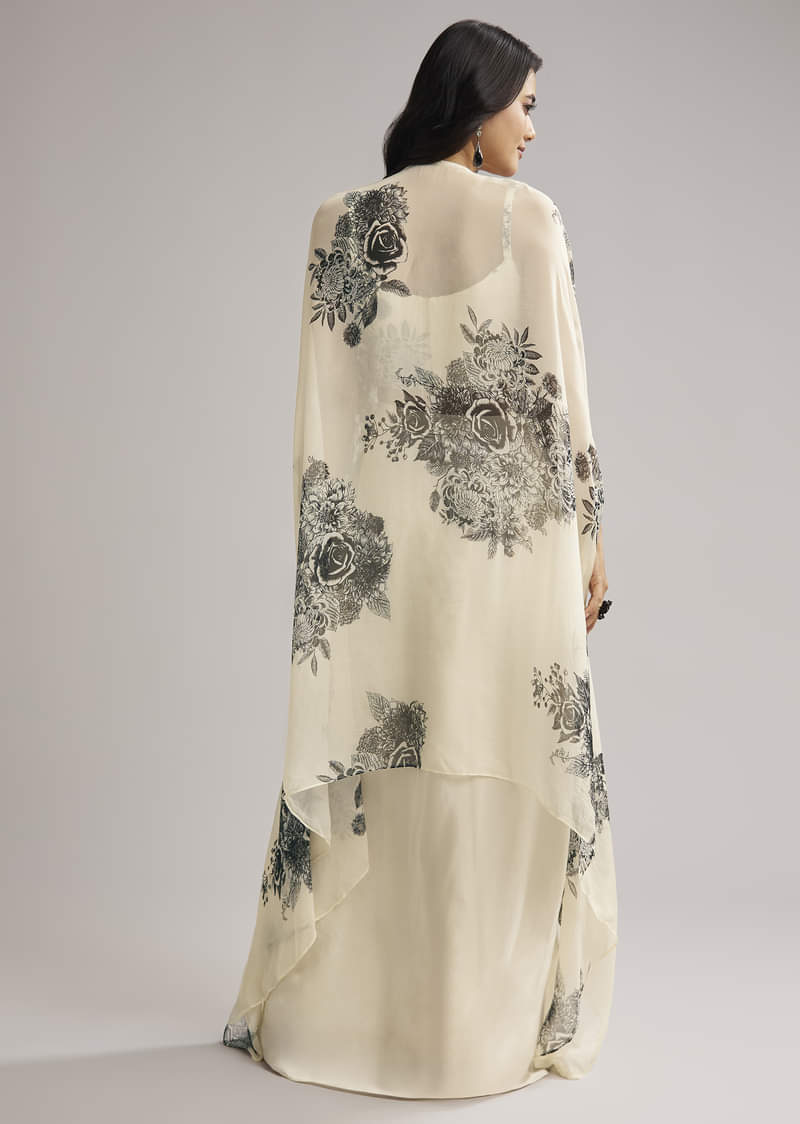 Cream Floral Cape Set With Crop Top And Skirt - Image 6