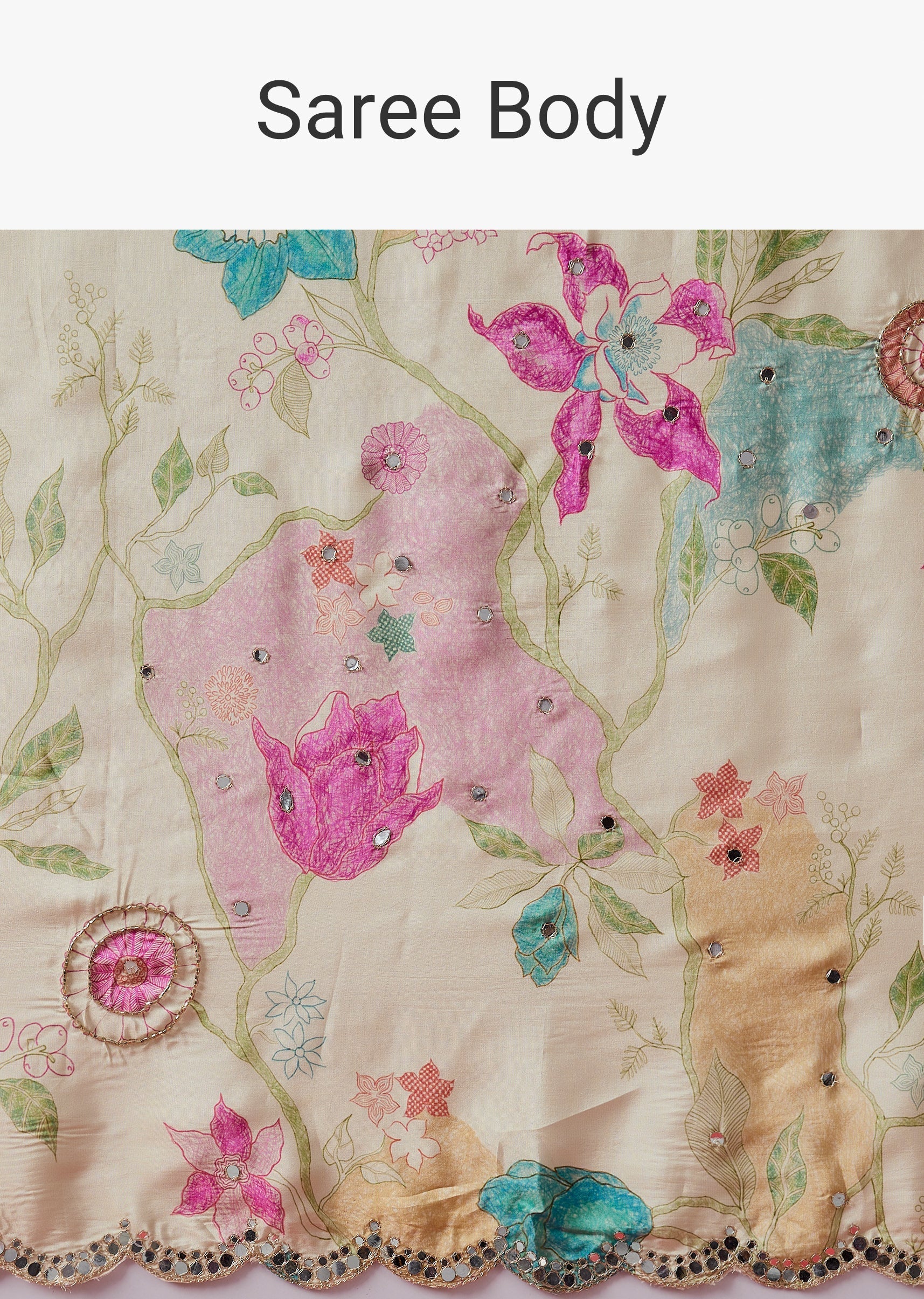 Cream Floral Printed Mirror Tissue Saree With Scallop Border - Image 9