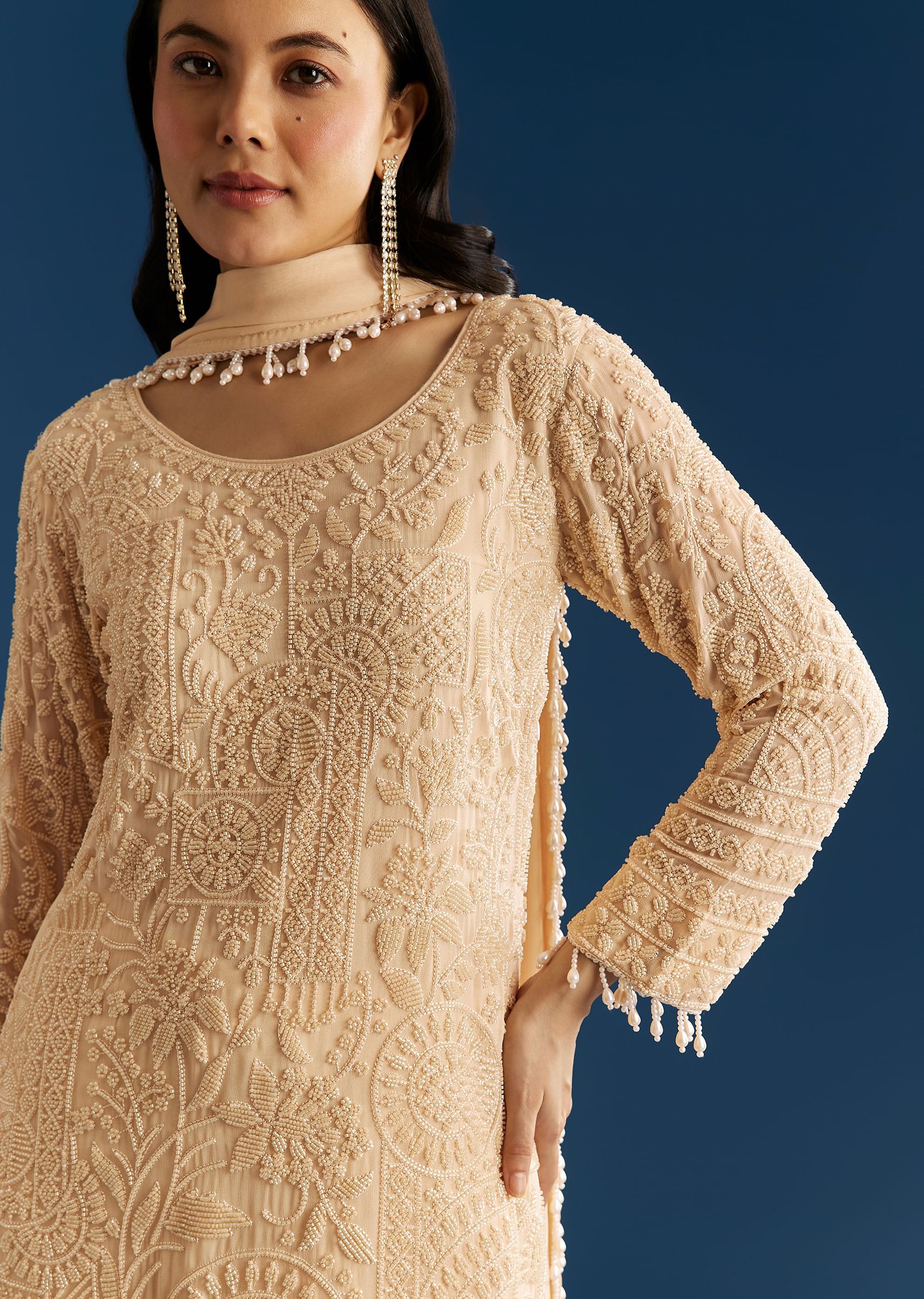 Cream Georgette Kurta Pant Set With Beaded Dupatta - Image 2