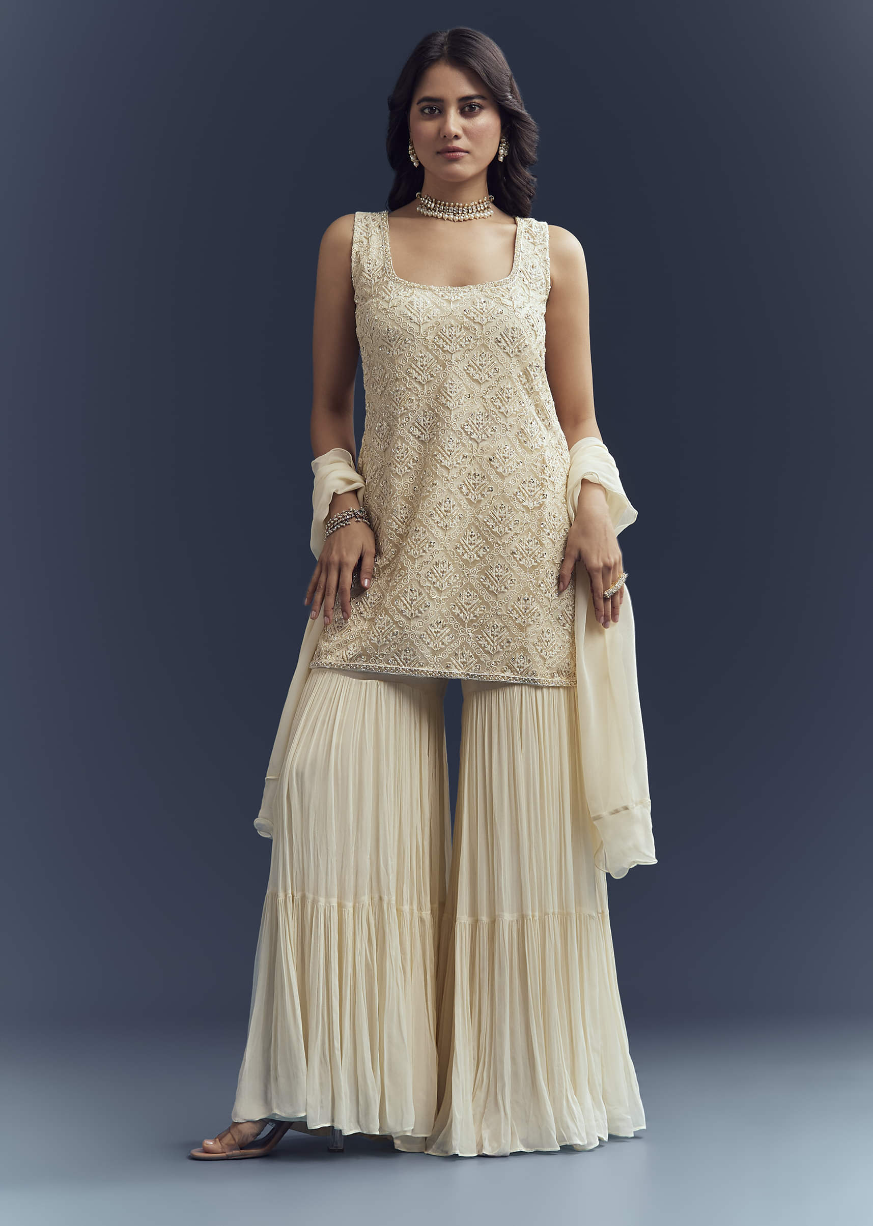 Cream Georgette Sharara Suit With Moti And Thread Embroidery