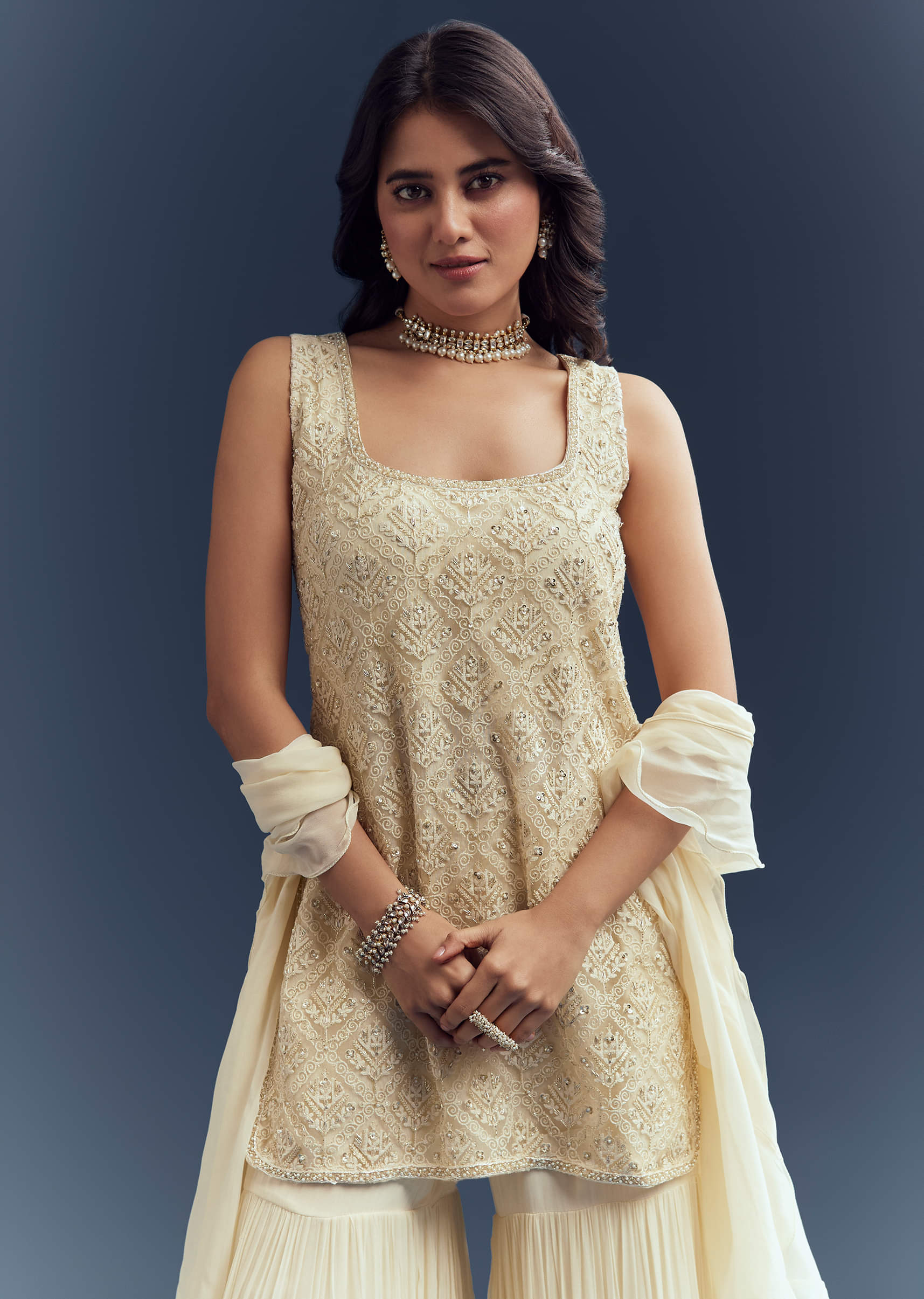 Cream Georgette Sharara Suit With Moti And Thread Embroidery - Image 5