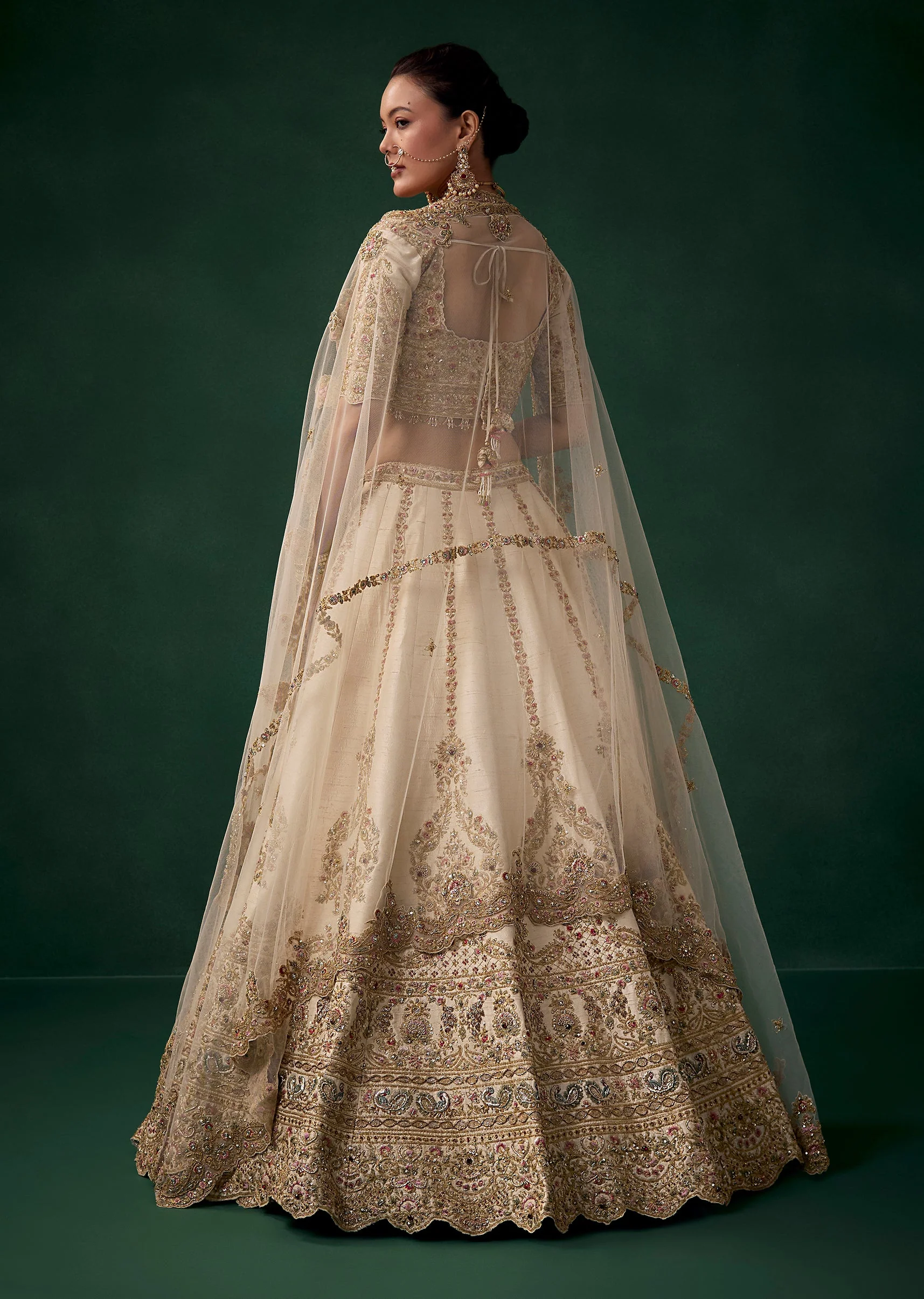 Cream Gold Thread Work Bridal Lehenga Set - Image 2