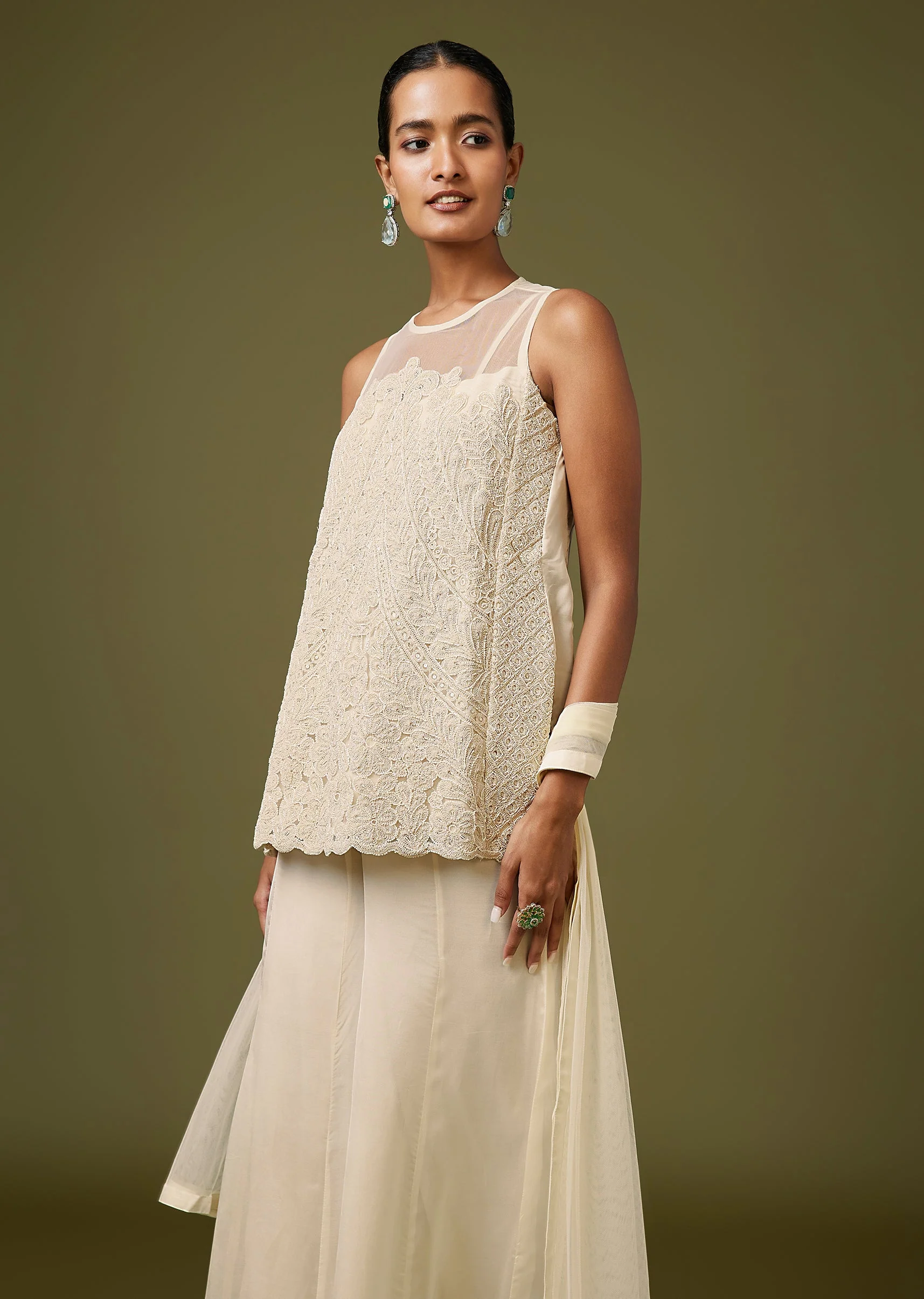 Cream Illusion Neck Net Palazzo Set With Choker Dupatta - Image 4