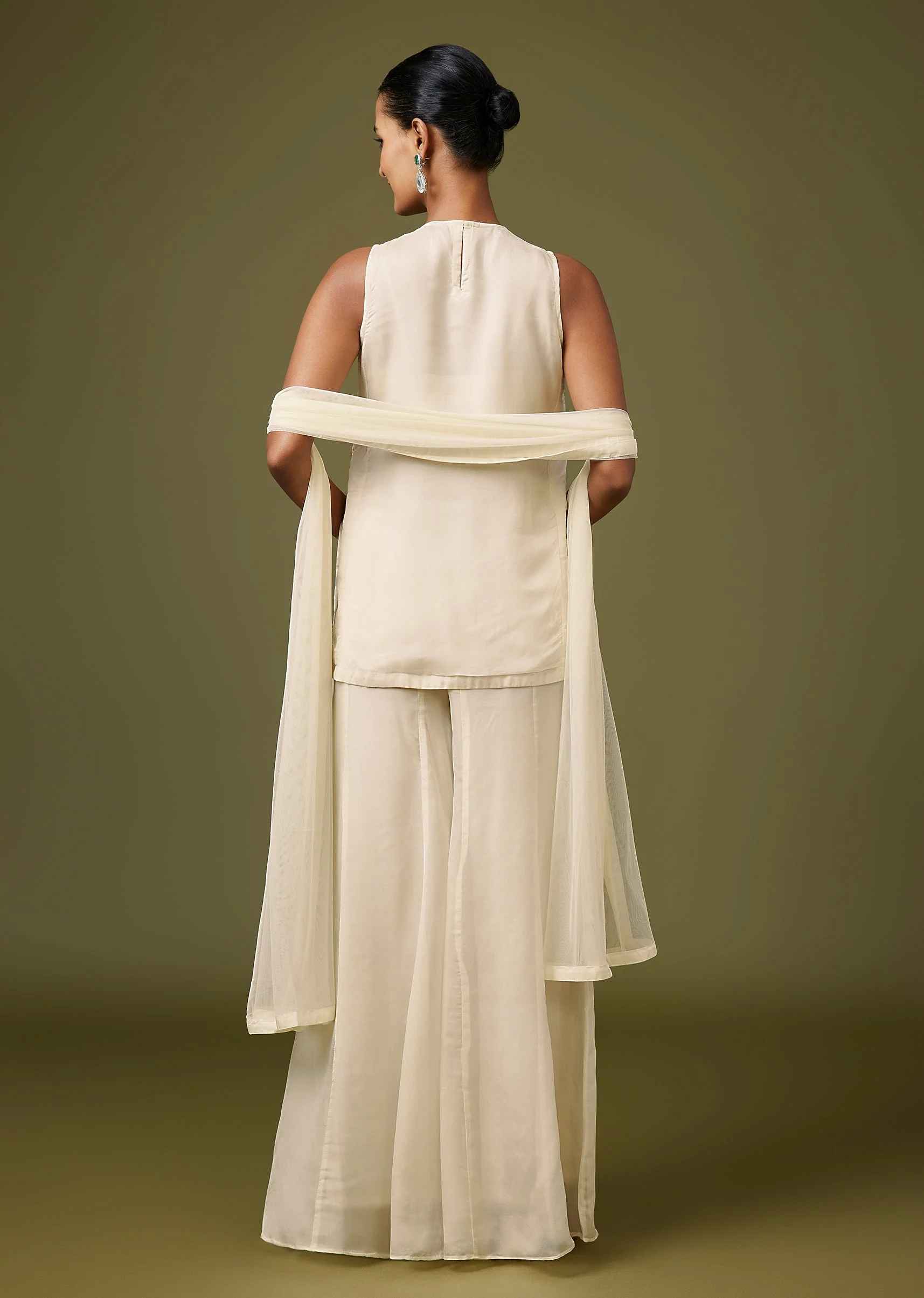 Cream Illusion Neck Net Palazzo Set With Choker Dupatta - Image 5