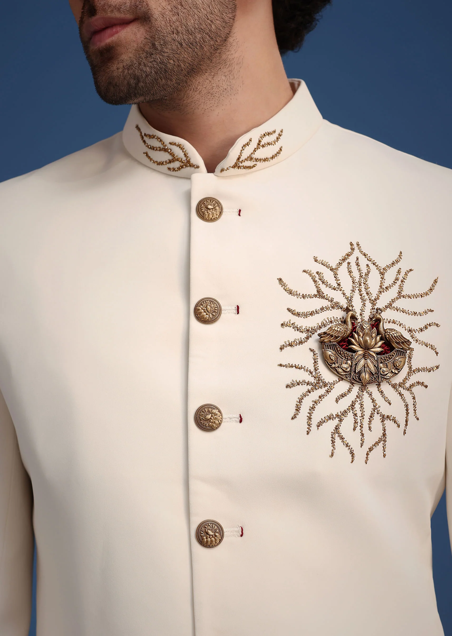 Cream Indowestern Suit With Zari And Metal Work Broach - Image 5