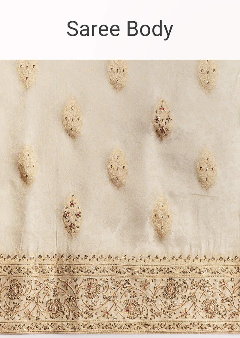 Cream Jacquard Silk Saree With Zari Brocade And Zardosi Embellished Pallu - Image 9