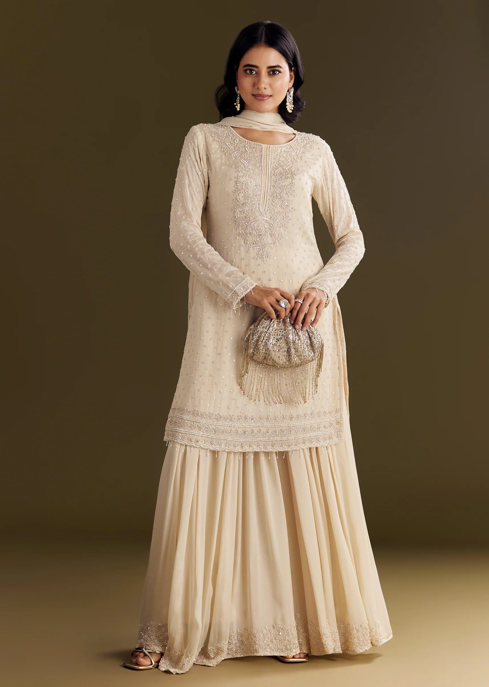 Cream Kurta Palazzo Set With Cutdana And Sequins Work - Image 4