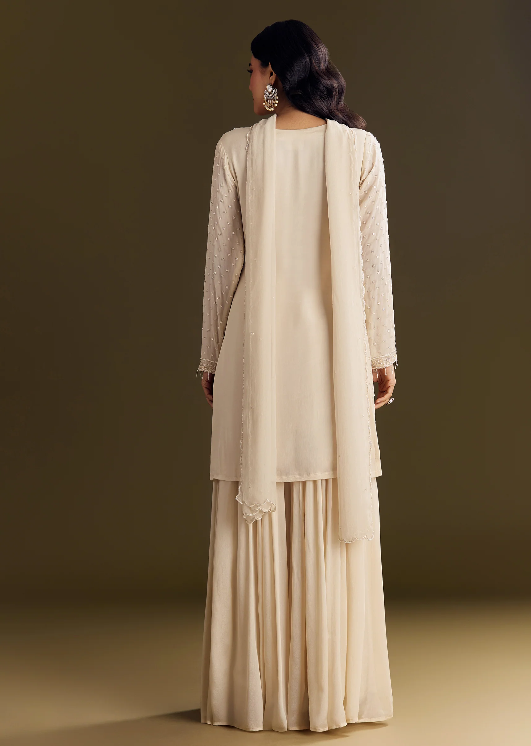 Cream Kurta Palazzo Set With Cutdana And Sequins Work - Image 6