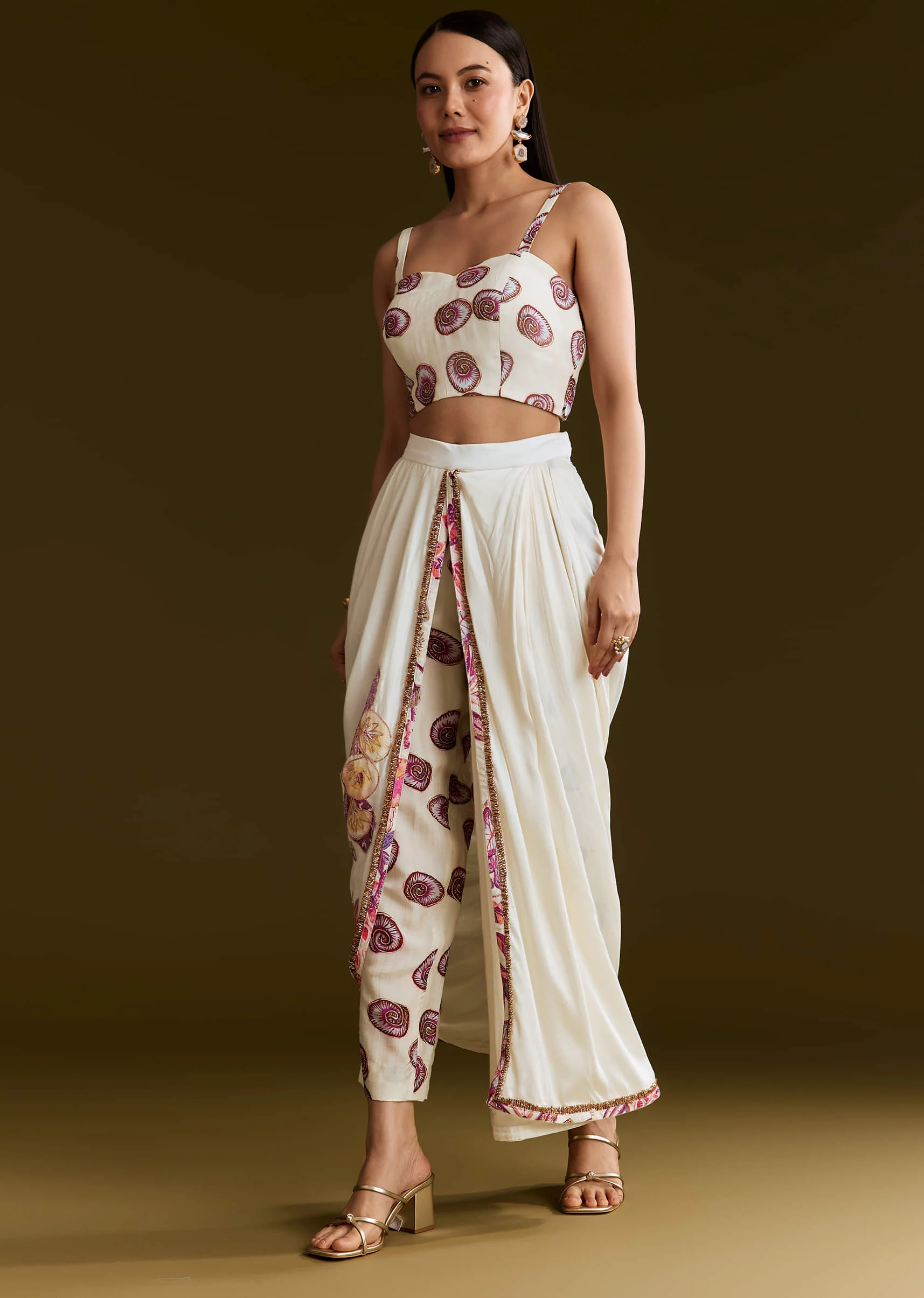 Cream Printed Croptop Set With Gotta Work Jacket And Dhoti Skirt - Image 6