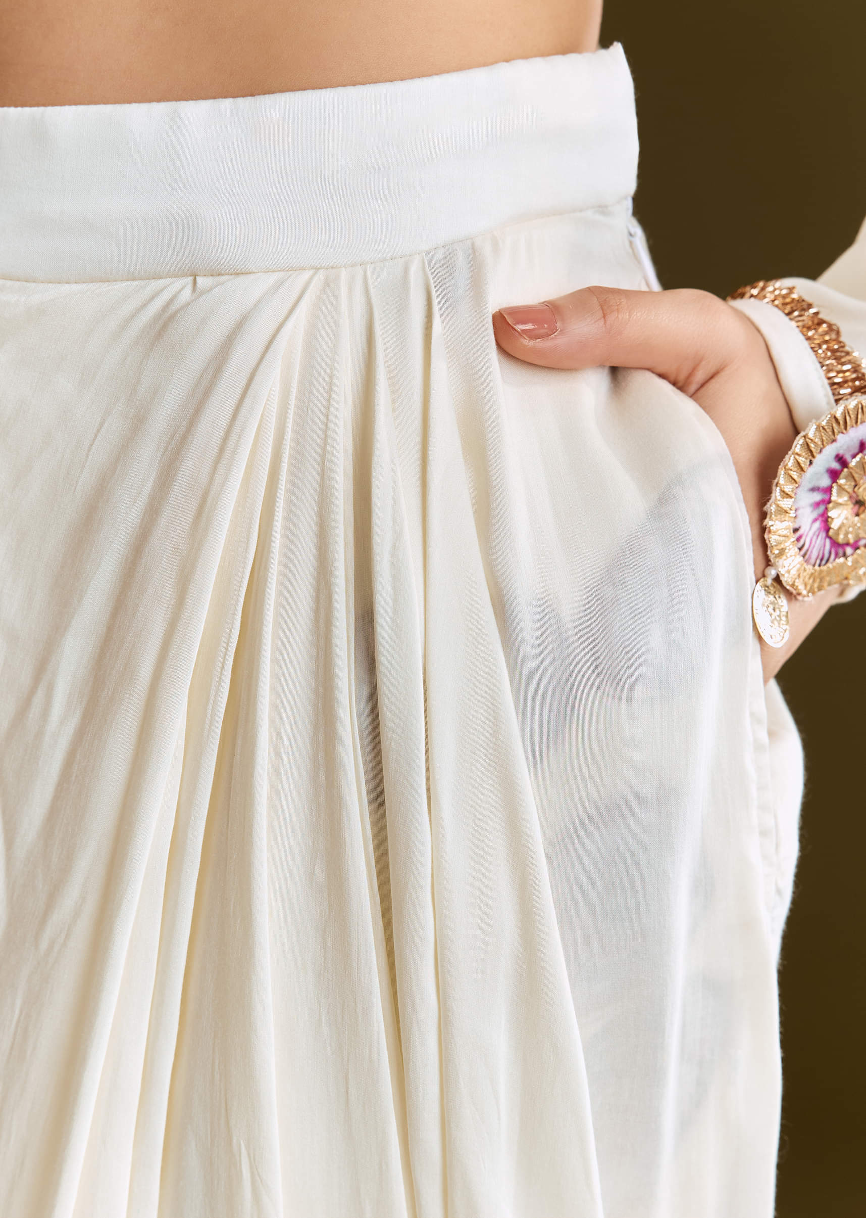 Cream Printed Croptop Set With Gotta Work Jacket And Dhoti Skirt - Image 7